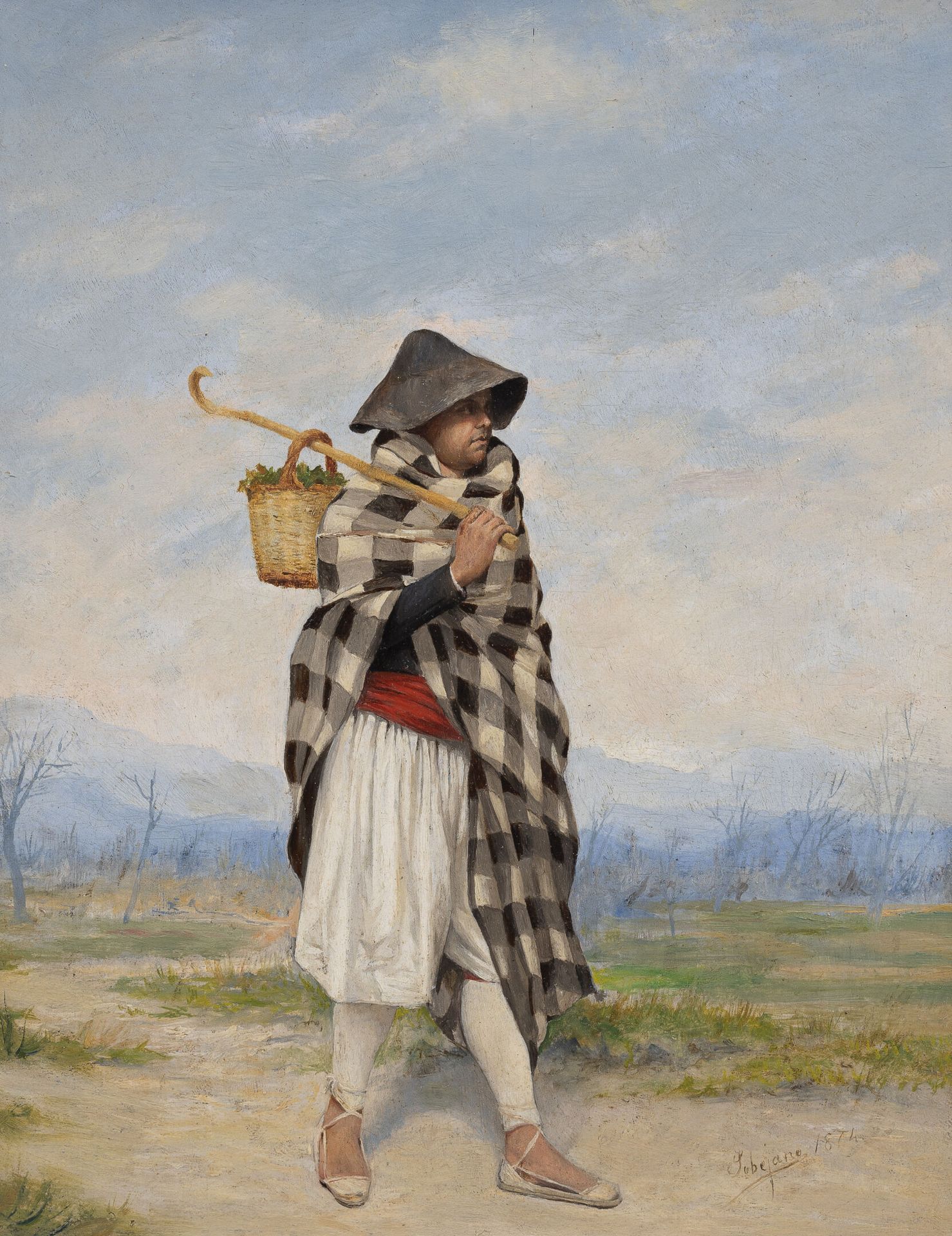 Jose Maria SOBEJANO (1852-1918) Ritratto di un pastore con un mantello a scacchi&hellip;