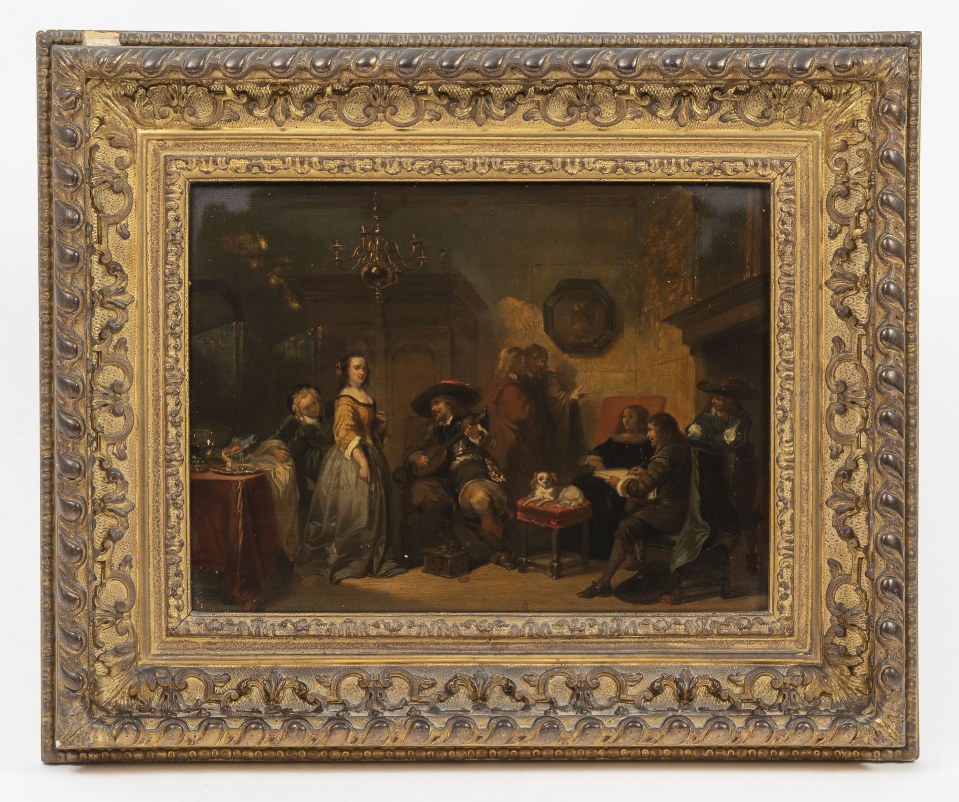 Ecole du XIXème siècle 曼陀林演奏家和会众在17世纪的荷兰室内品味。

板上油彩。

24,5 x 34 厘米。

略有缺失。

木质框架&hellip;