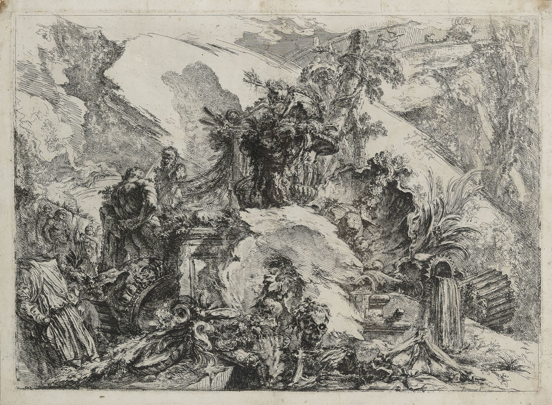 D'APRÈS JEAN-BAPTISTE PIRANESE (1720-1778) 带有怪人、废墟和喷泉的随想曲。

蚀刻。

版面左下方有签名。

39 x&hellip;