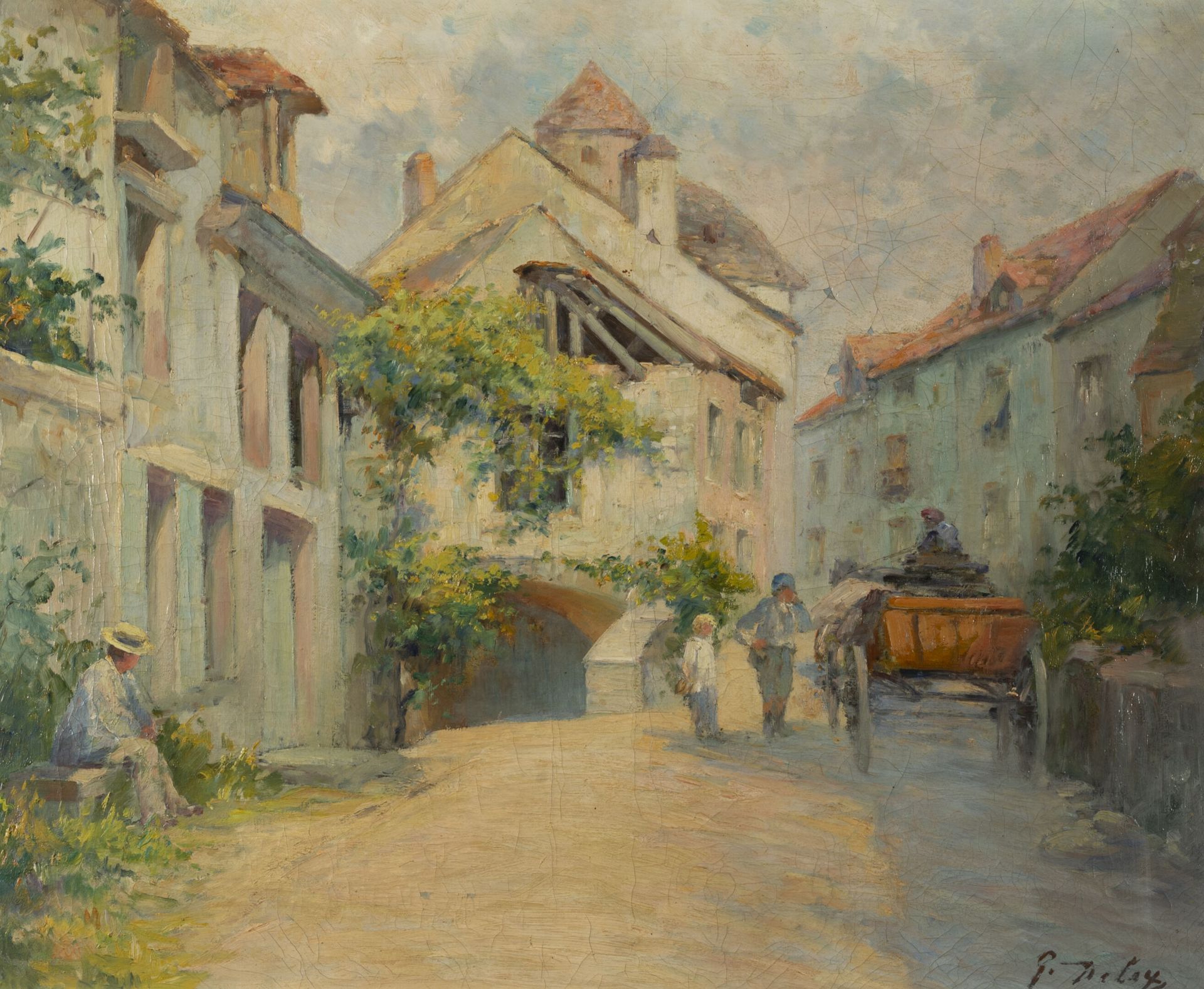 Georges DELOY (1856-1930) Village street animated with characters and a horse-dr&hellip;