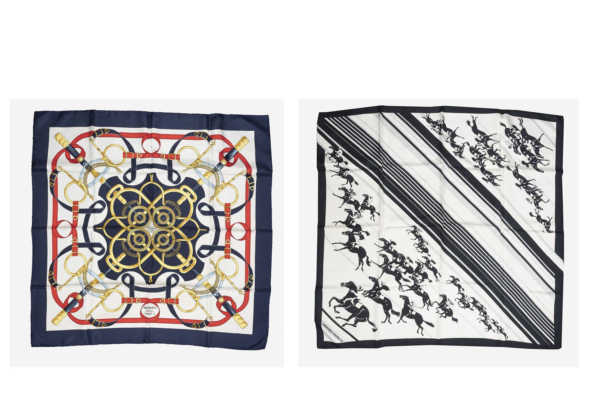 HERMES Paris 丝质斜纹布的两个方块，有印花装饰。

- Eperon d'or, by H. D'Origny.

有标题和签名。

87.5 x &hellip;