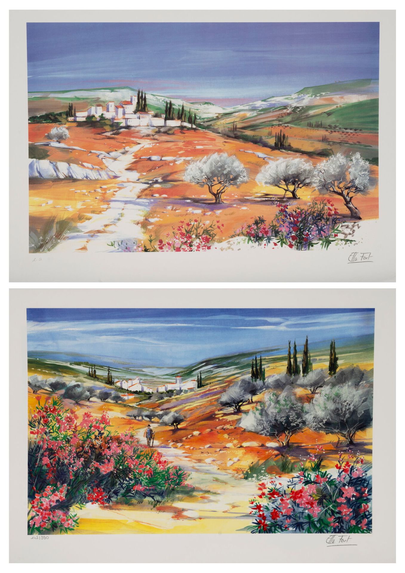 Ella FORT (XXème siècle) 普罗旺斯的景观。

两幅纸上彩色石版画。

右下方有签名。

一个是艺术家的证明，另一个是左下角编号142/3&hellip;