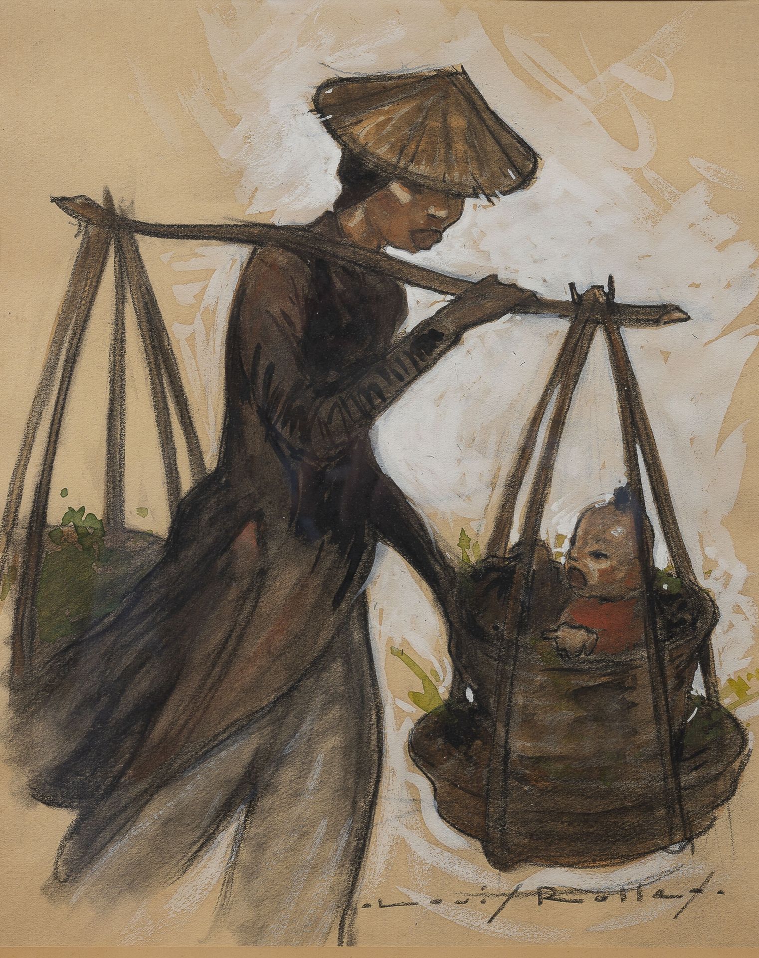 Louis ROLLET (1895-1988) 女人用篮子抱着她的孩子。

纸上炭笔和水粉画。

右下方有签名。

37 x 30厘米（展出）。

褪色和污渍&hellip;