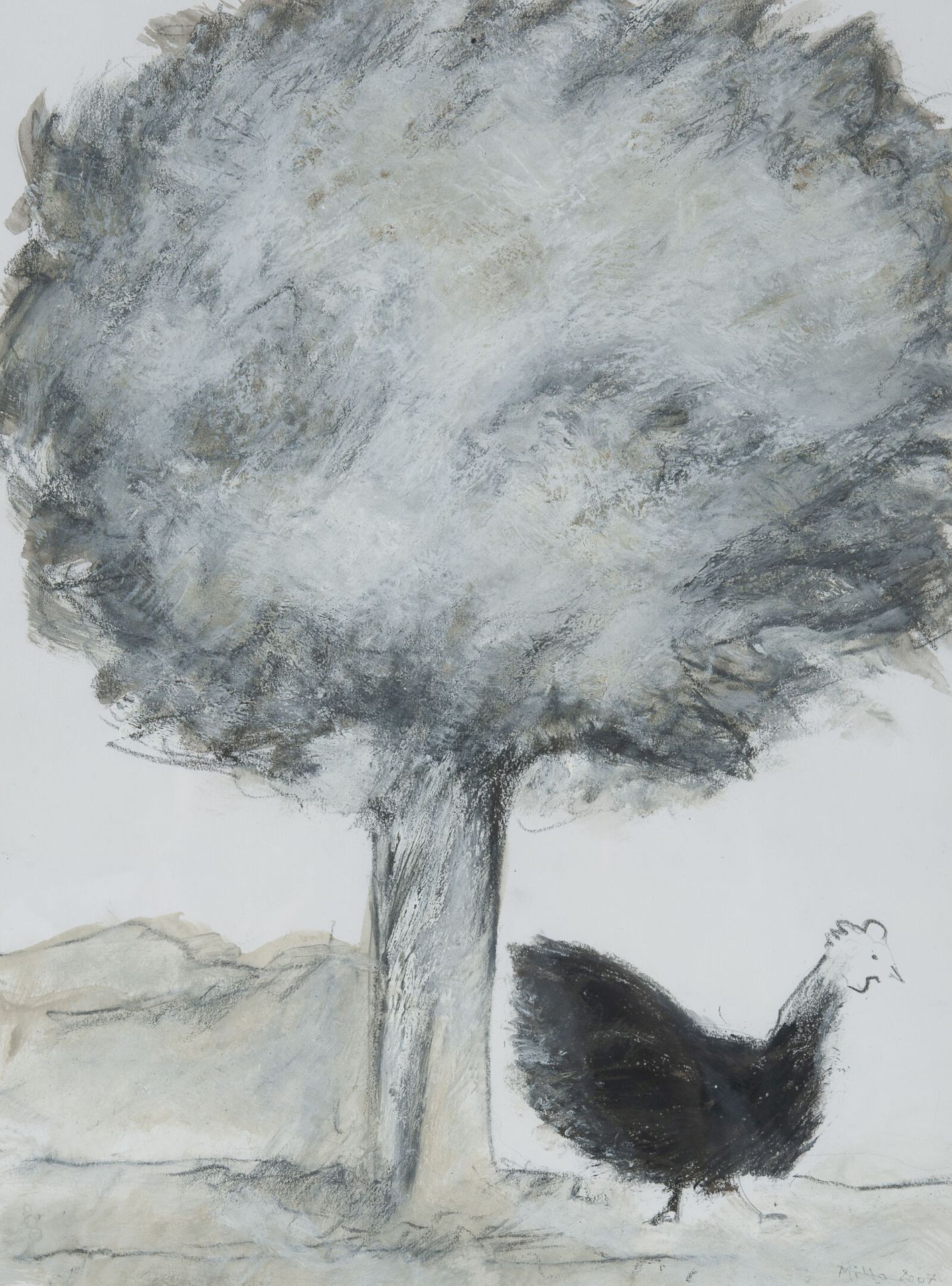 Francine MILLOT (1943) 树下的鸡，2007年。

纸上石墨、木炭和水粉画。

右下方有签名和日期。

41 x 29.5厘米。