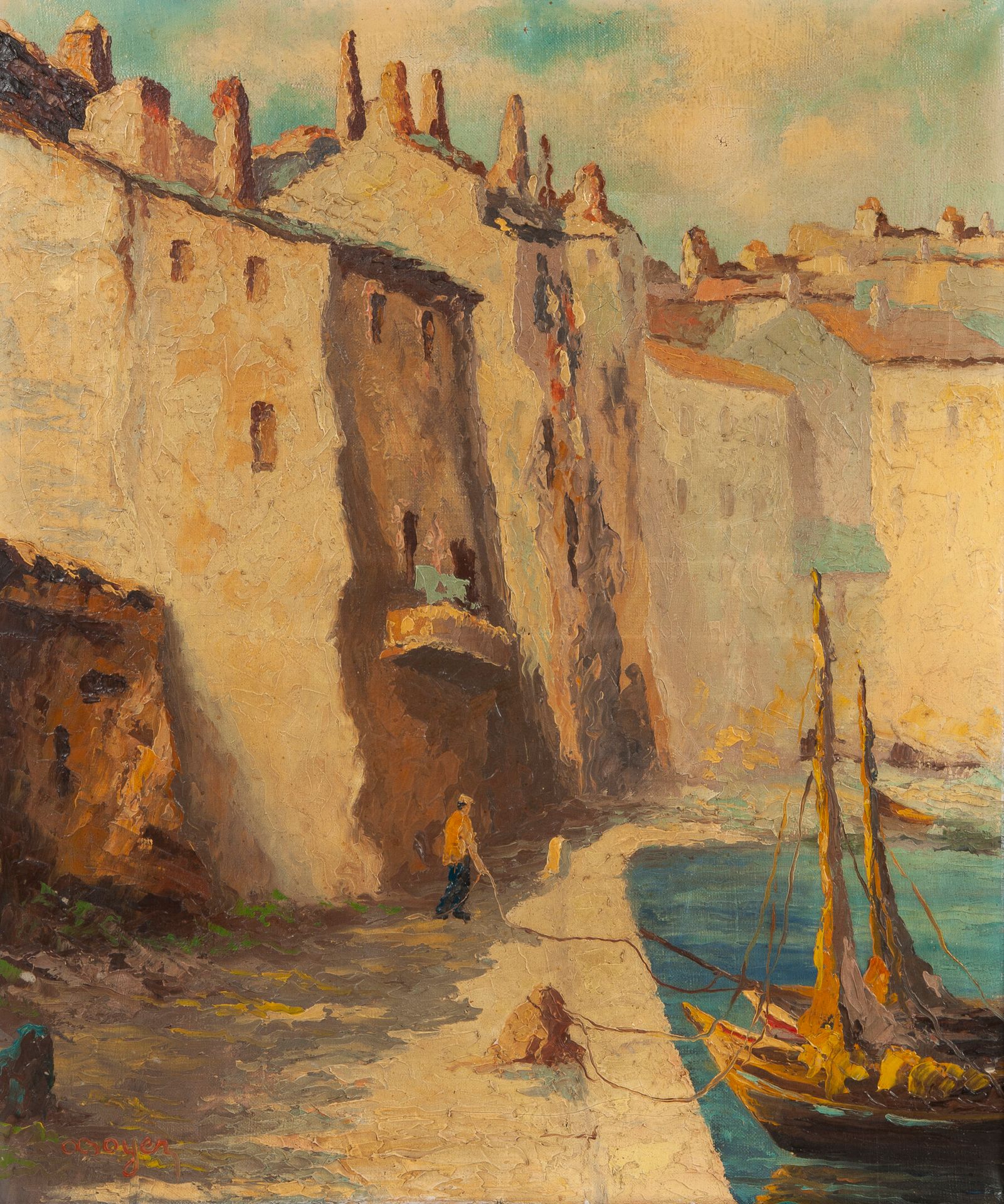 Ecole du XXème siècle 地中海港口。

布面油画。

左下角有签名 "OBoyer"。

55 x 46厘米。

小的凹痕和裂缝。