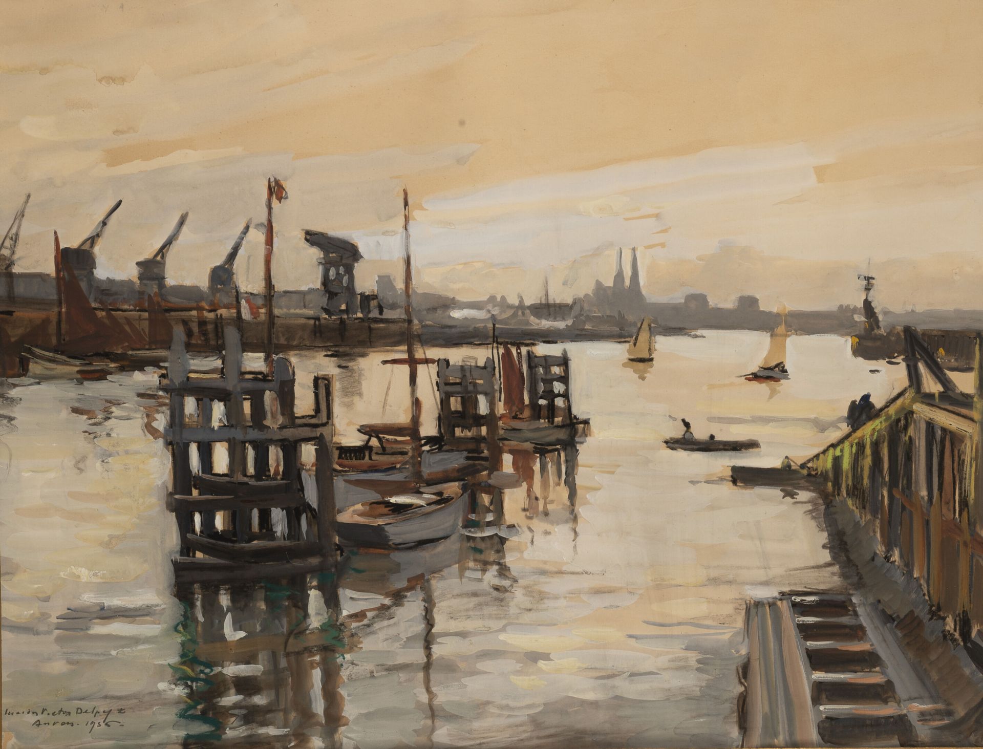 Lucien Victor DELPY (1898-1967) 从奥斯坦德港的灯塔上看，有帆船和驳船，1935年。

安特卫普港口与起重机码头的景色，由帆船和双&hellip;