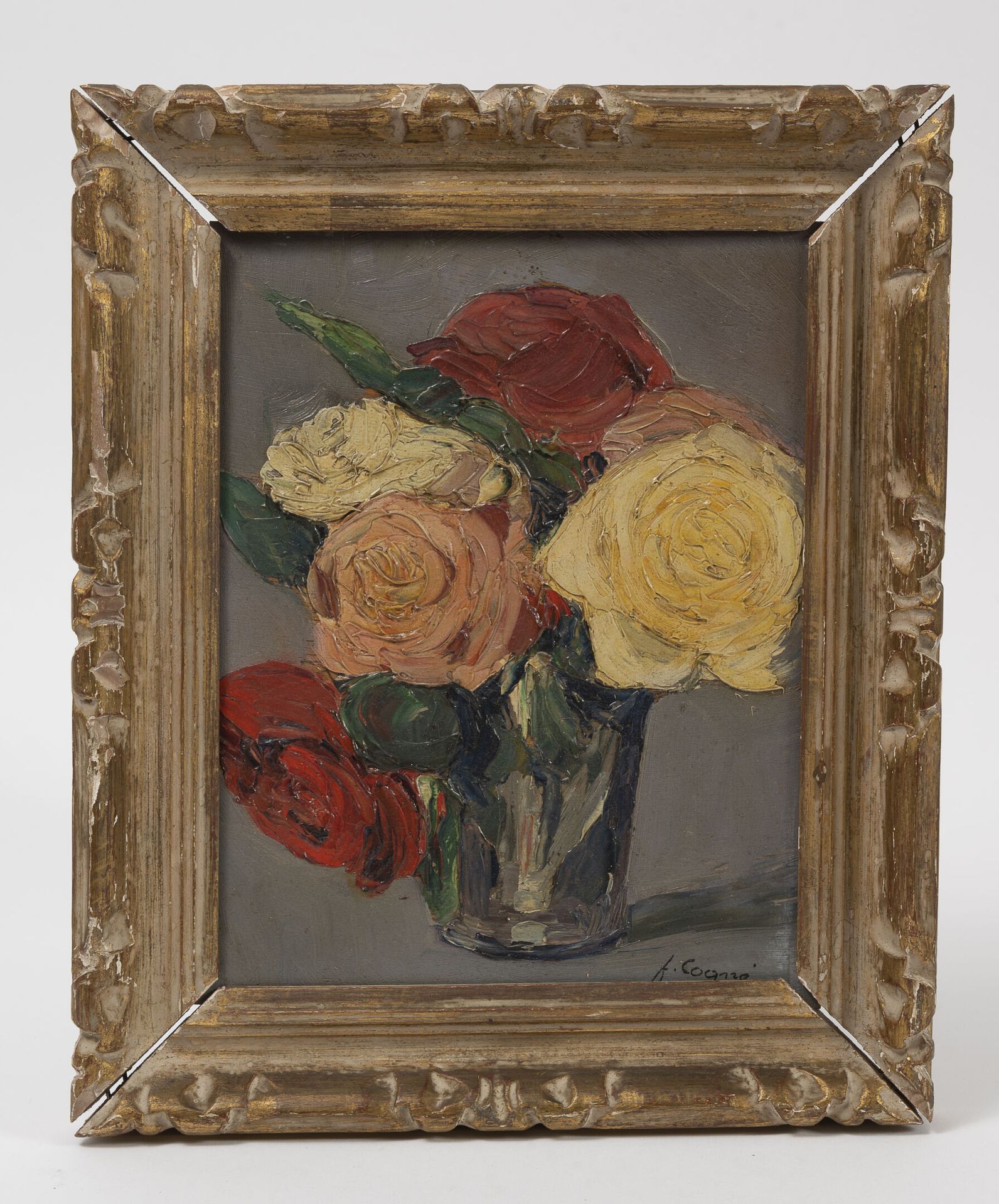 François COGNE (1870-1945) Vase de roses.

Huile sur panneau.

Signé en bas à dr&hellip;