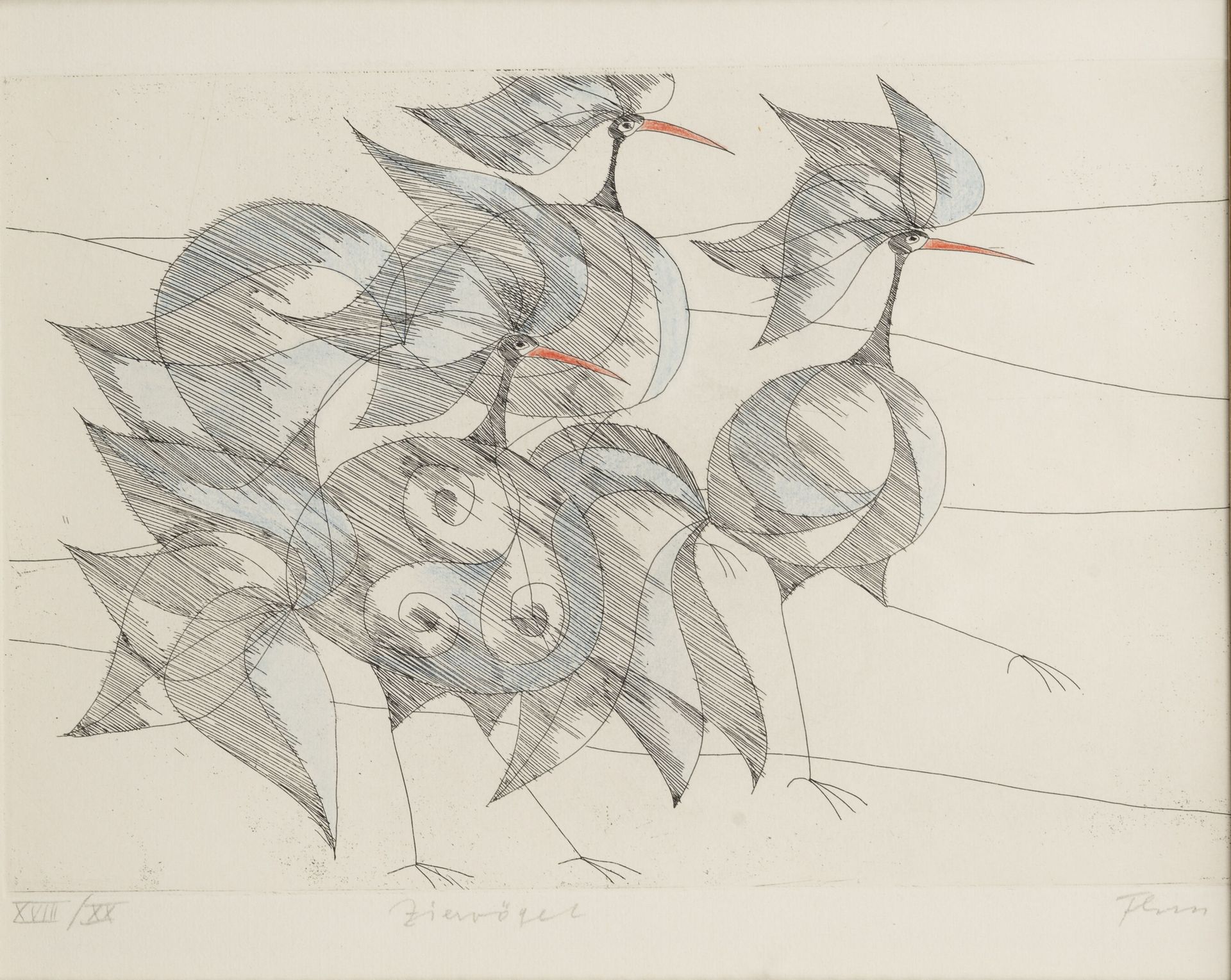 Paul Flora (1922-2009) Trois oiseaux. 

Eau-forte sur papier.

Signé en bas à dr&hellip;