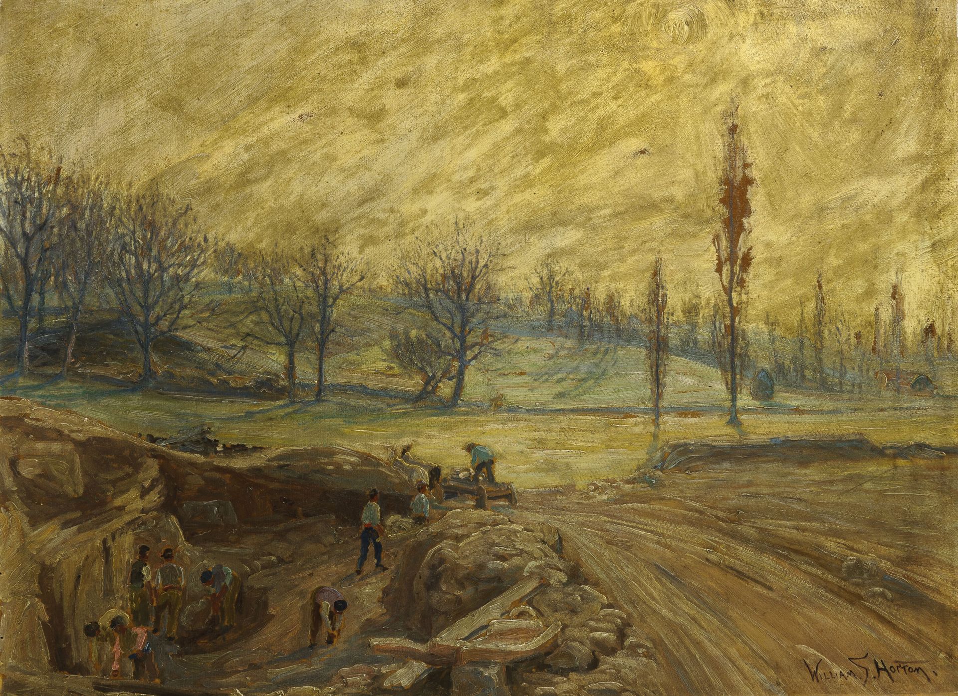 William Samuel HORTON (1865-1936) 采石场上的工人。

纸板上的油彩。

右下方有签名。

65 x 87厘米。

染色剂。