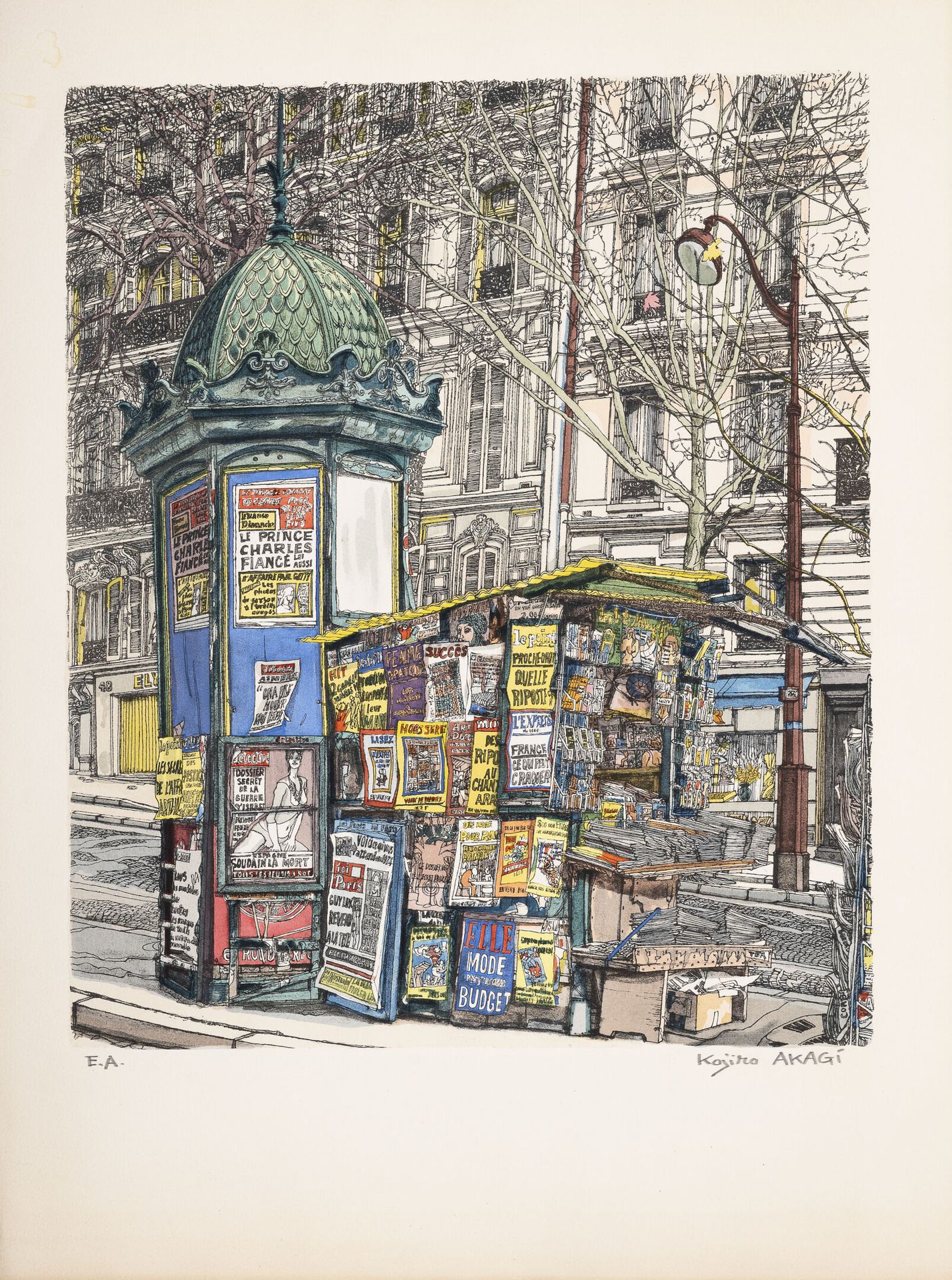 KOJIRO AKAGI (1934) 巴黎的报亭。

纸上彩色平版画。

右下角有艺术家的签名证明。

61 x 45厘米。

弯曲，有狐臭和污点。

附上。&hellip;