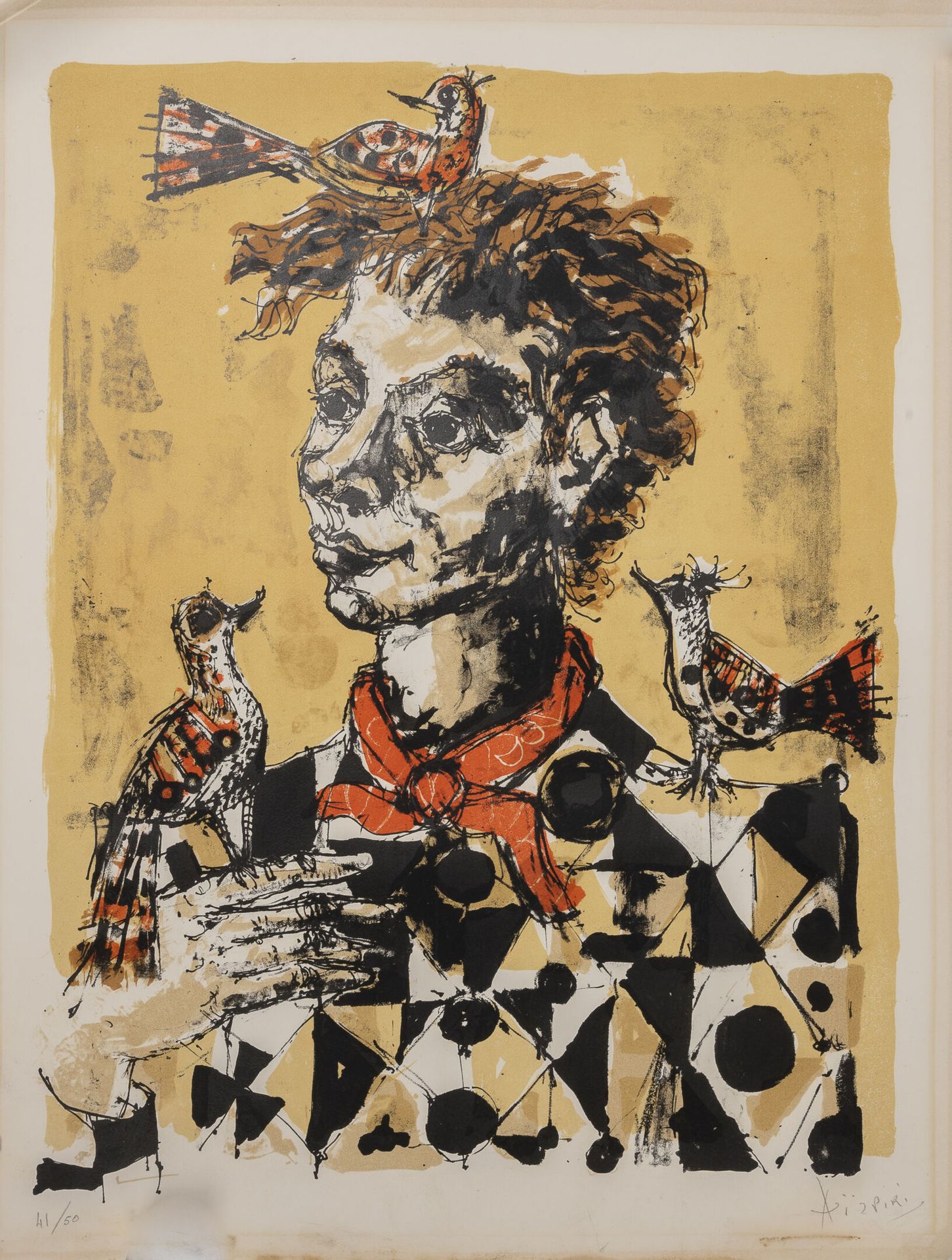 Paul AIZPIRI (1919-2016) 小丑与三只鸟。

纸上彩色平版画。

右下方有签名，左下方有编号41/50。

65 x 50厘米。

边缘有&hellip;