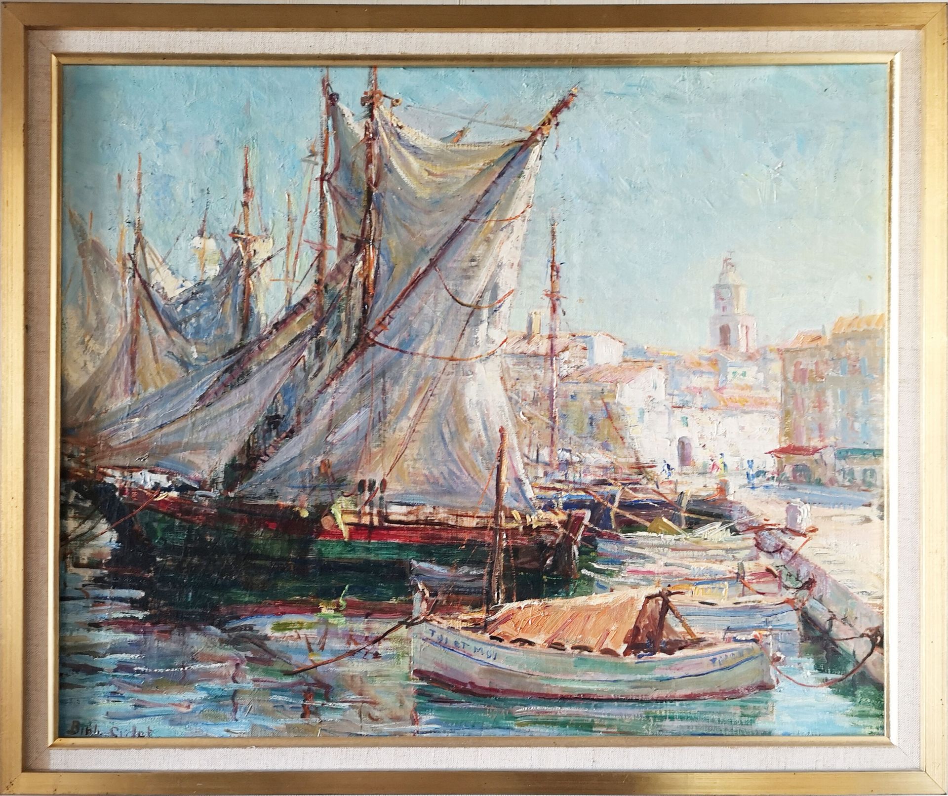 Ecole du XXème siècle 地中海港口码头上的帆船。

布面油画。

左下方有签名。

50 x 61厘米。

小污点。