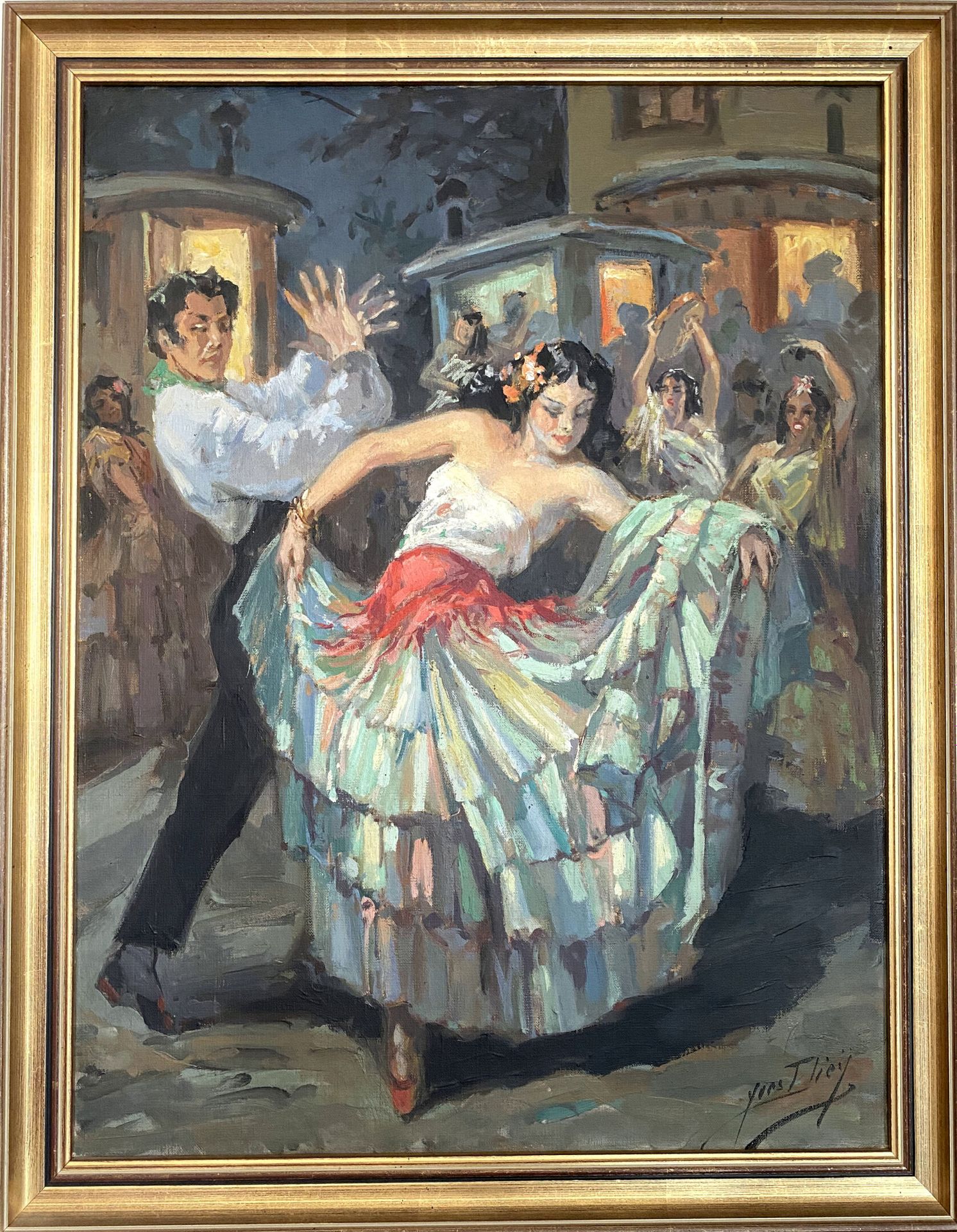 Yves Diey (1892-1984) 一对弗拉门戈舞者在广场上跳舞。

布面油画。

右下方有签名。

65 x 50厘米。