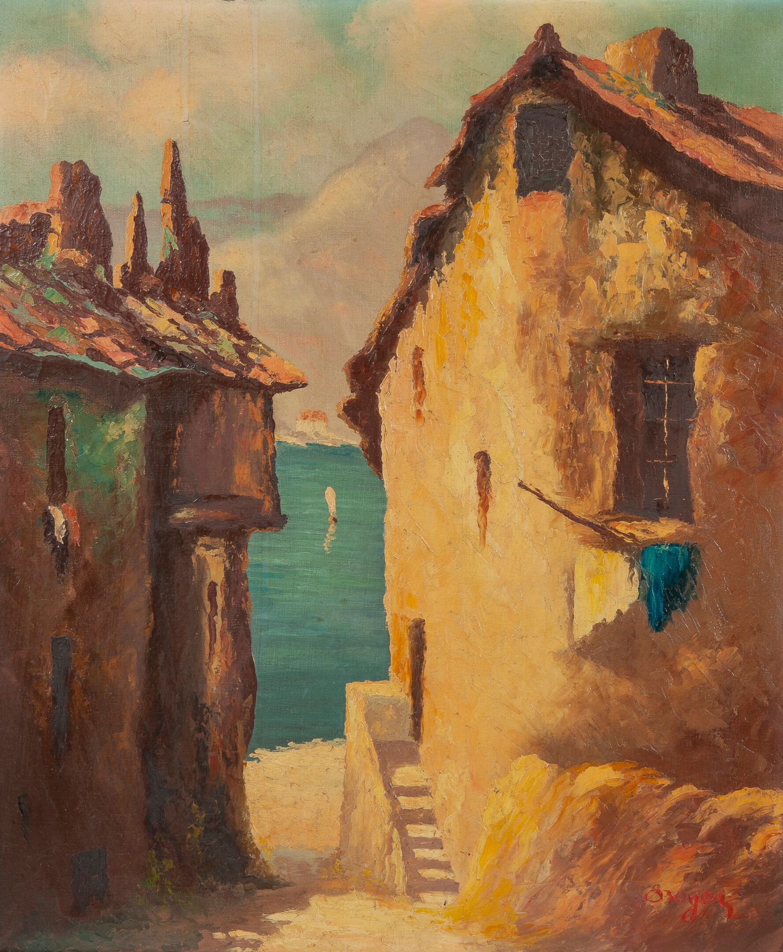 Ecole du XXème siècle Village by the sea.

Oil on canvas.

Bears a signature on &hellip;