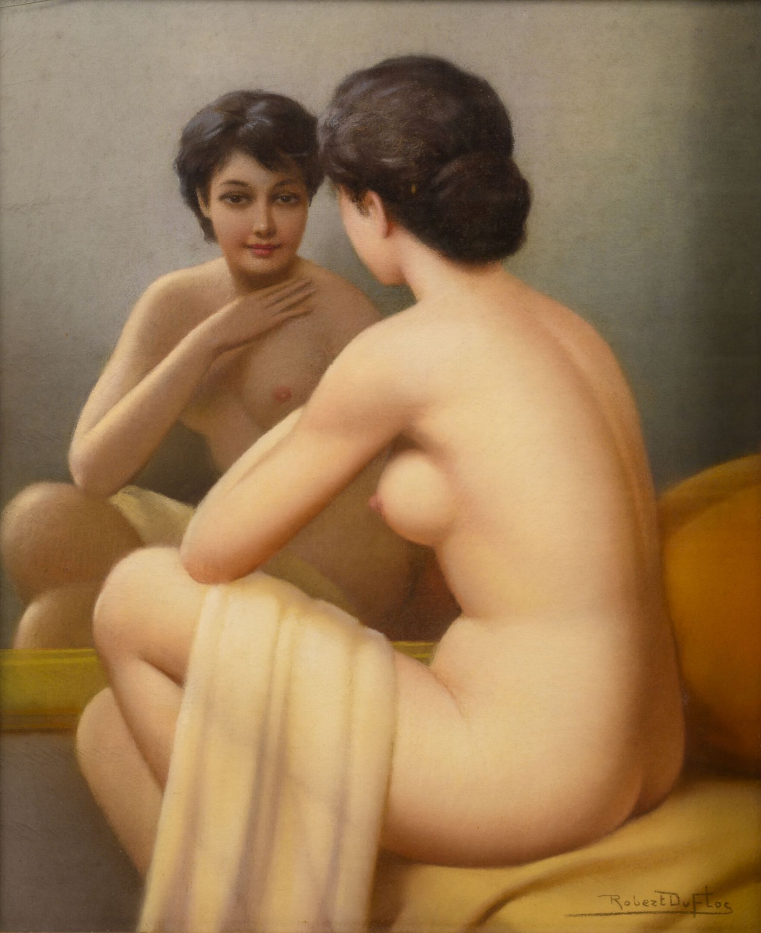 Robert Louis Raymond DUFLOS (1898-c.1929) 看着镜子里的裸体。

画布上的粉笔画。

右下方有签名。

54 x 44,&hellip;