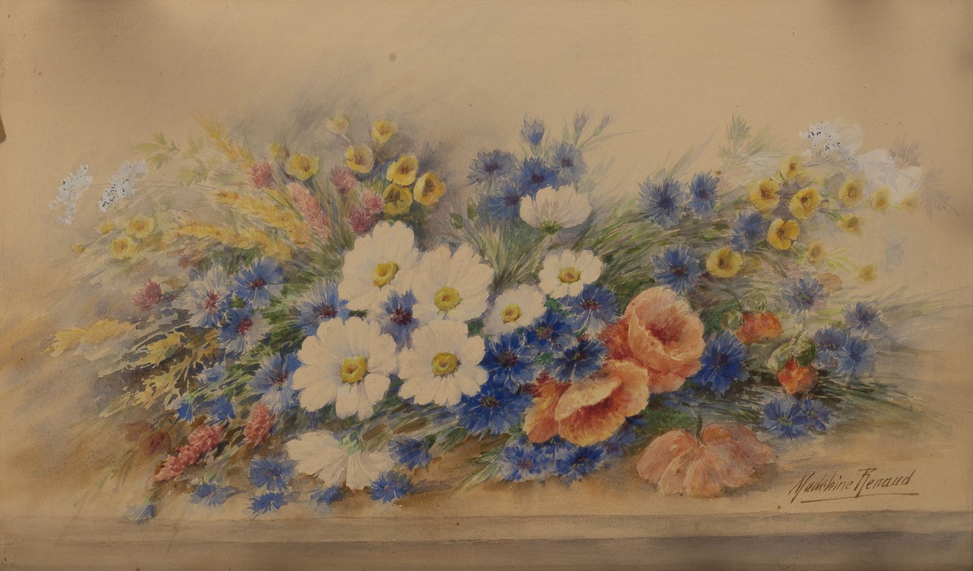Madeleine RENAUD (1900-1994) 花束。

纸上水彩和水粉画。

右下方有签名。

42.5 x 71.5厘米（视图）。

有污点和狐臭&hellip;