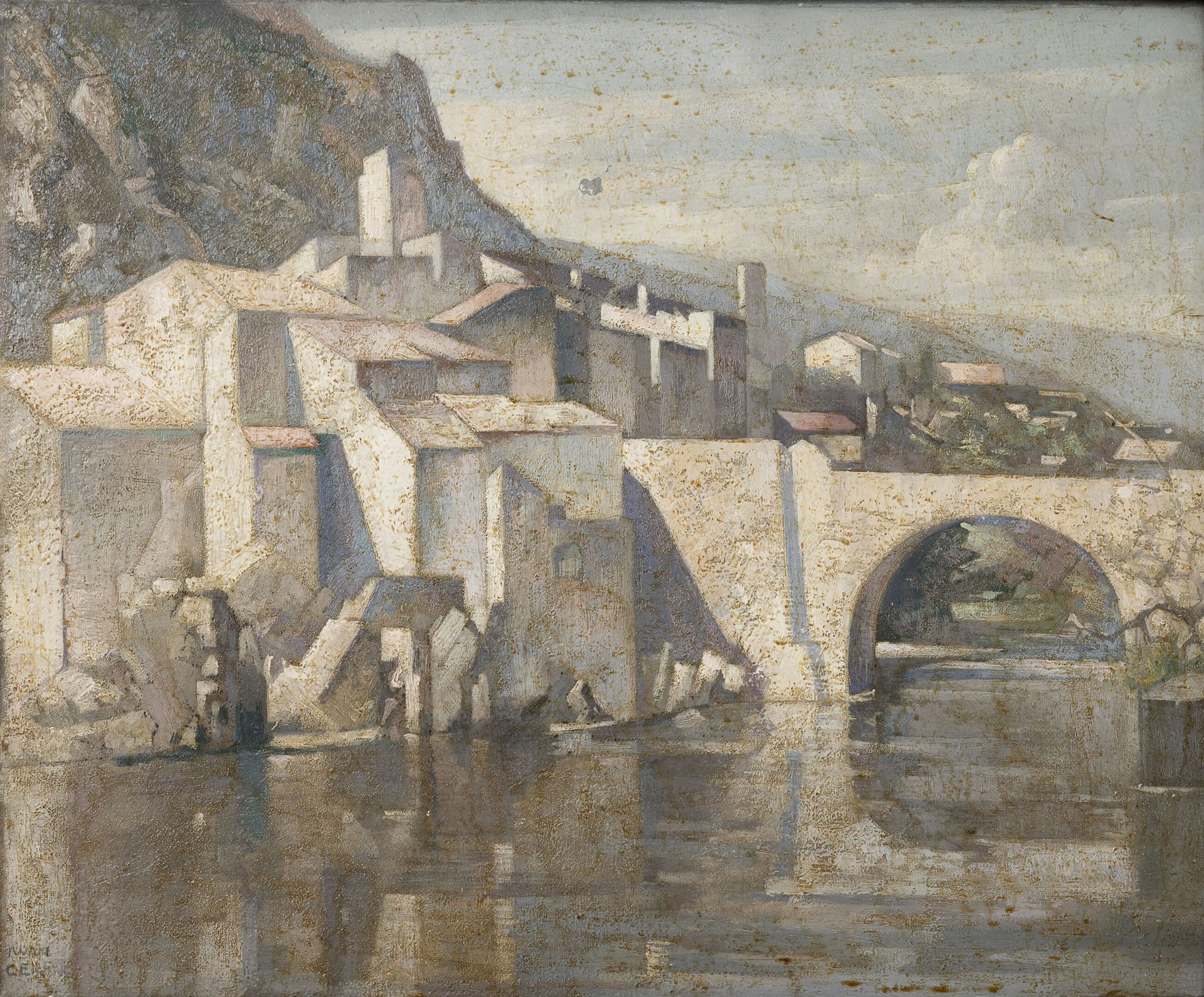 Ywan CERF (1883-1963) Paysage cubisant au pont.

Huile sur panneau. 

Signée en &hellip;