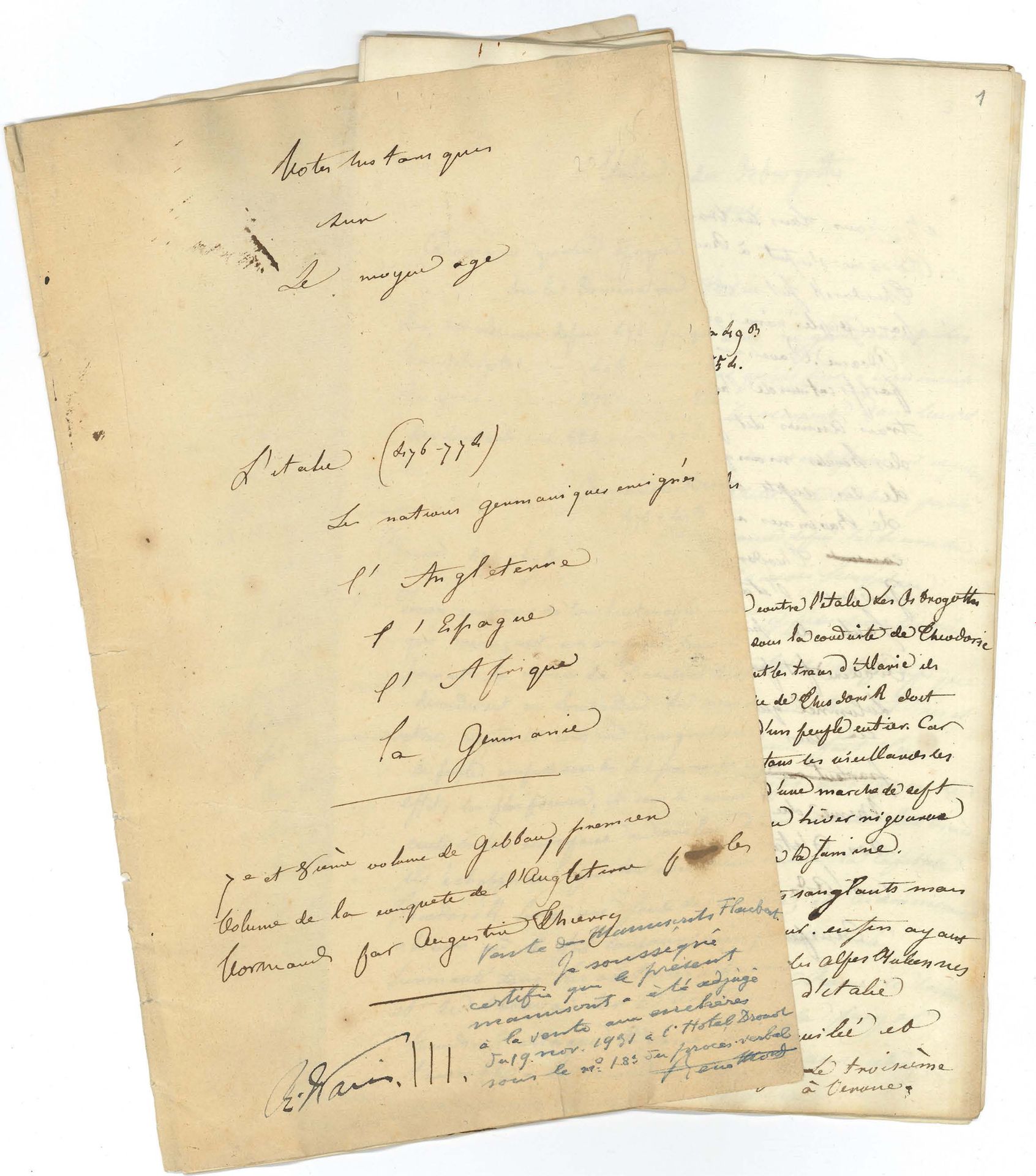 FLAUBERT Gustave (1821-1880). MANUSCRITO autógrafo, Notes historiques sur le Moy&hellip;