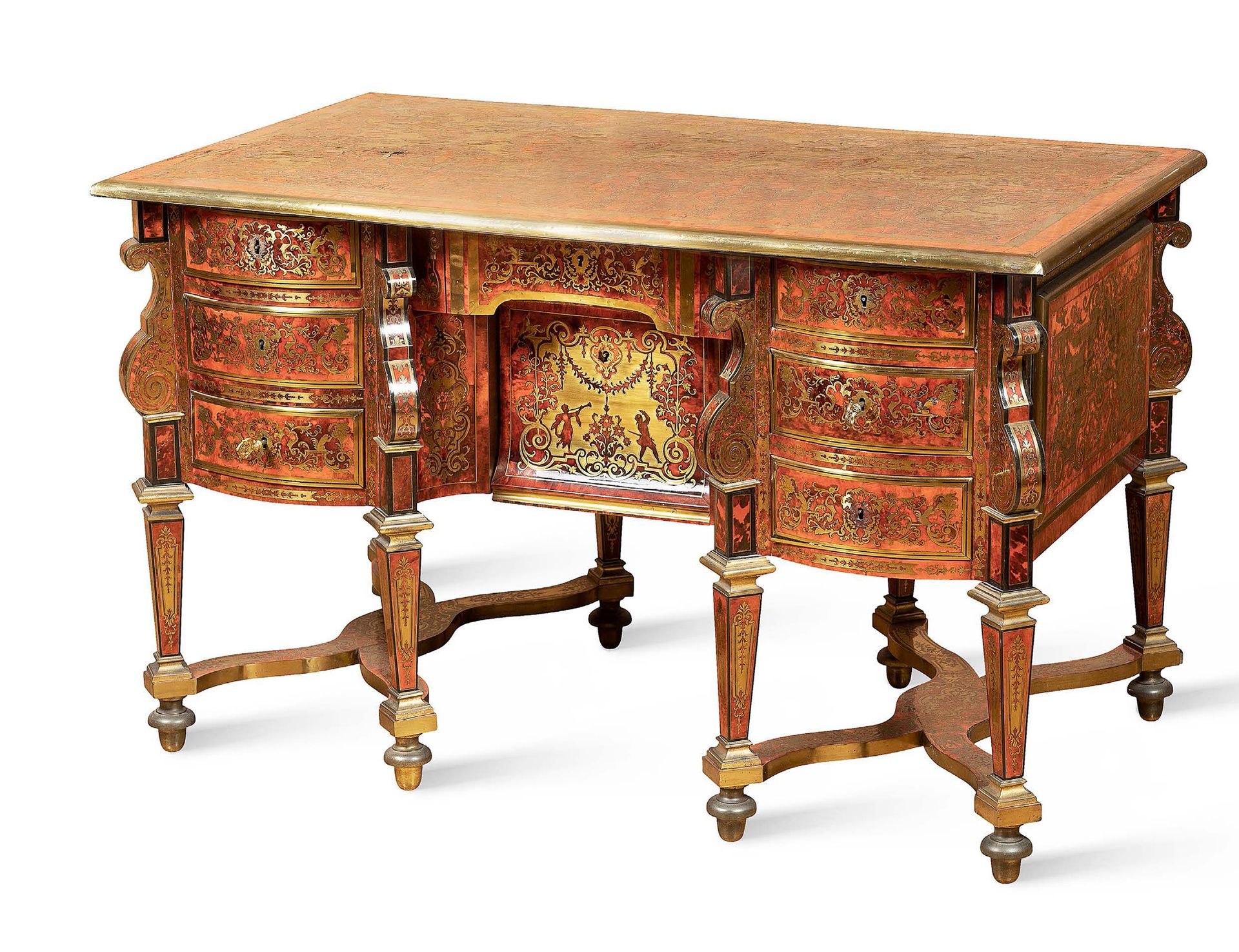 一张八条腿的 "马扎林 "书桌，在红龟壳（Chelonioidea spp）的背景上嵌有黄铜装饰（公约前）。长方形的顶部装饰着天幕下的舞者，天幕的中央是贝朗的构&hellip;