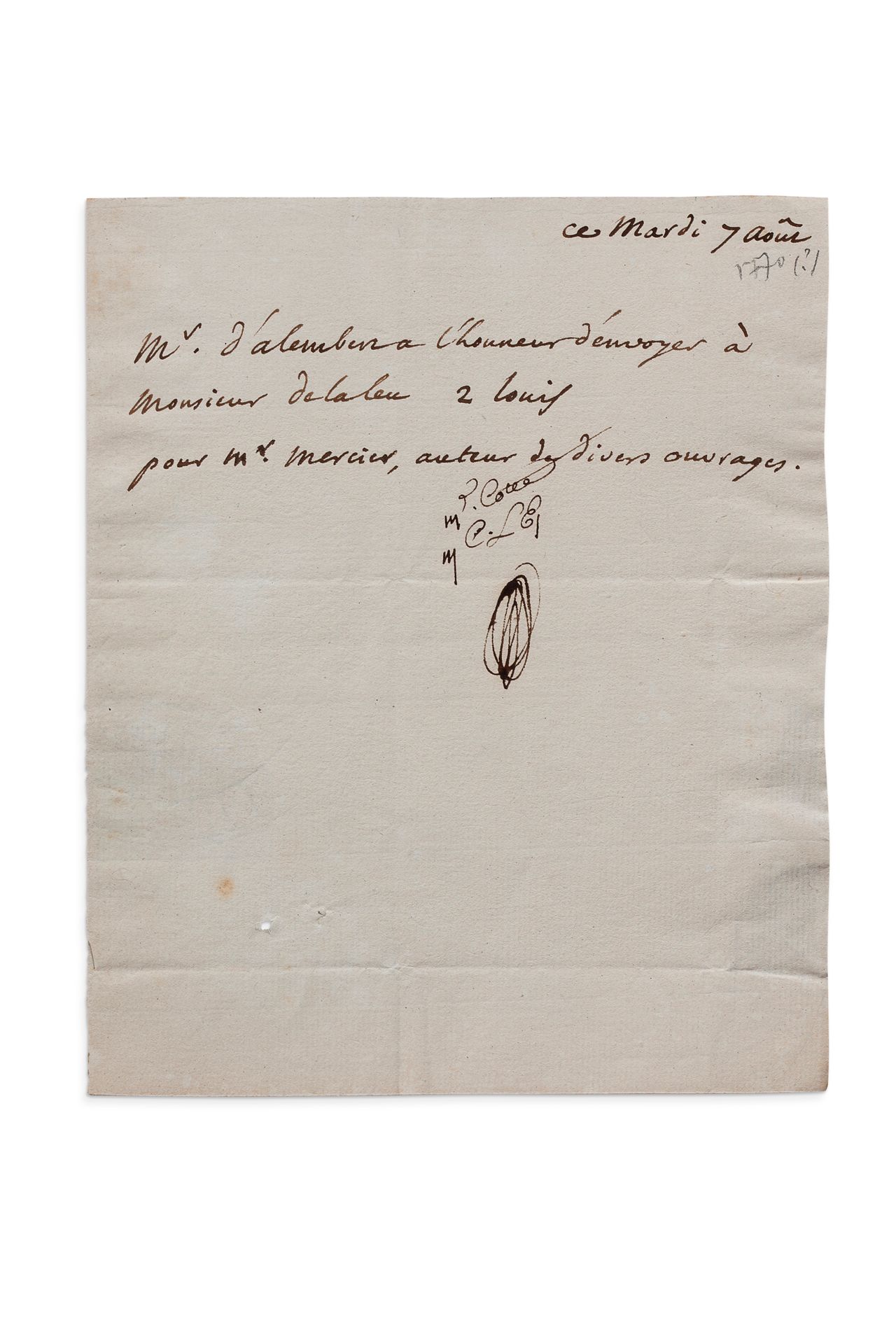 ALEMBERT Jean Le Rond d' (1717-1783). L.A.在顶部签名，[1770]年8月7日，给公证人Guillaume-Claude&hellip;