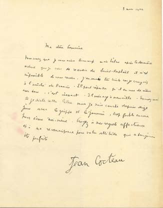 COCTEAU JEAN (1889-1963). L.S. "Jean Cocteau", Raymond RADIGUET diktiert, 3. Mär&hellip;