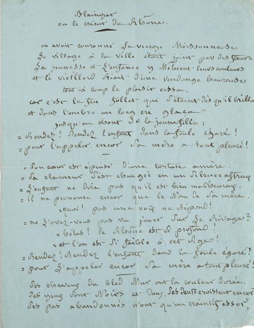 DESBORDES-VALMORE Marceline (1786-1859). Autograph poem, Blaingar ou le crieur d&hellip;