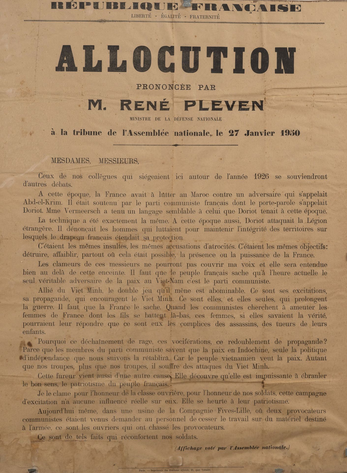 Null Allocution par Mr René Pleven du 27 janvier 1950.

Affiche encadrée, imprim&hellip;