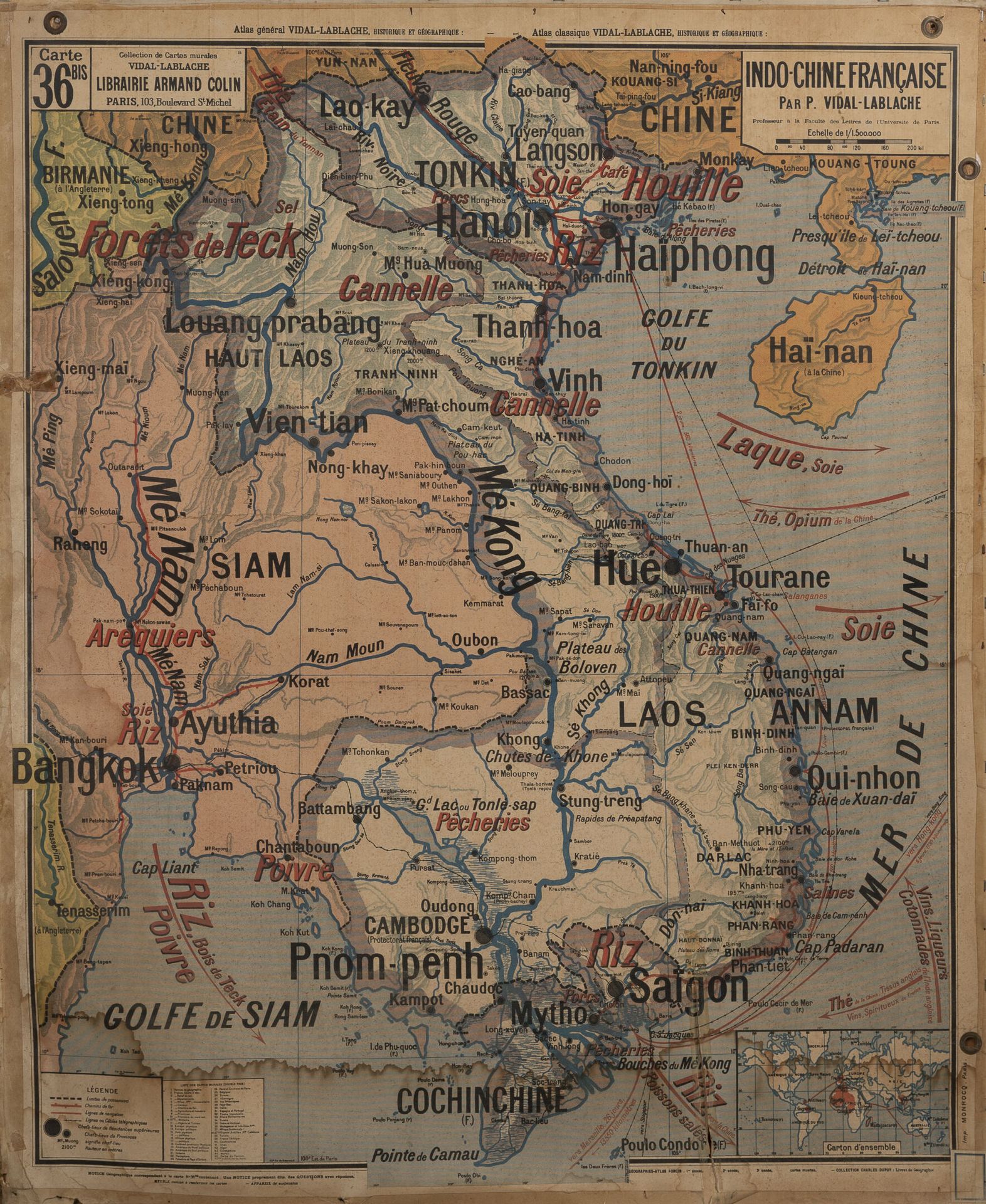 Null 地理学校地图Atlas Classique Vidal-Lablache。

法属印度支那。地图N°36之二。

117 x 197厘米。

撕裂和污&hellip;