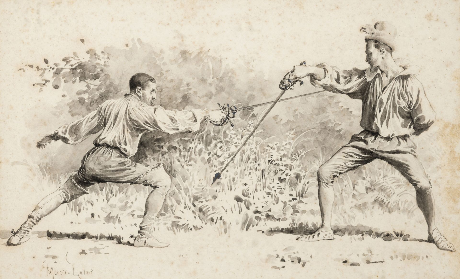 Maurice LELOIR (1853-1940) 剑的决斗。

水墨画，纸上。

左下方有签名。

19.5 x 31.5厘米(展出中)。

点蚀，污渍。
&hellip;