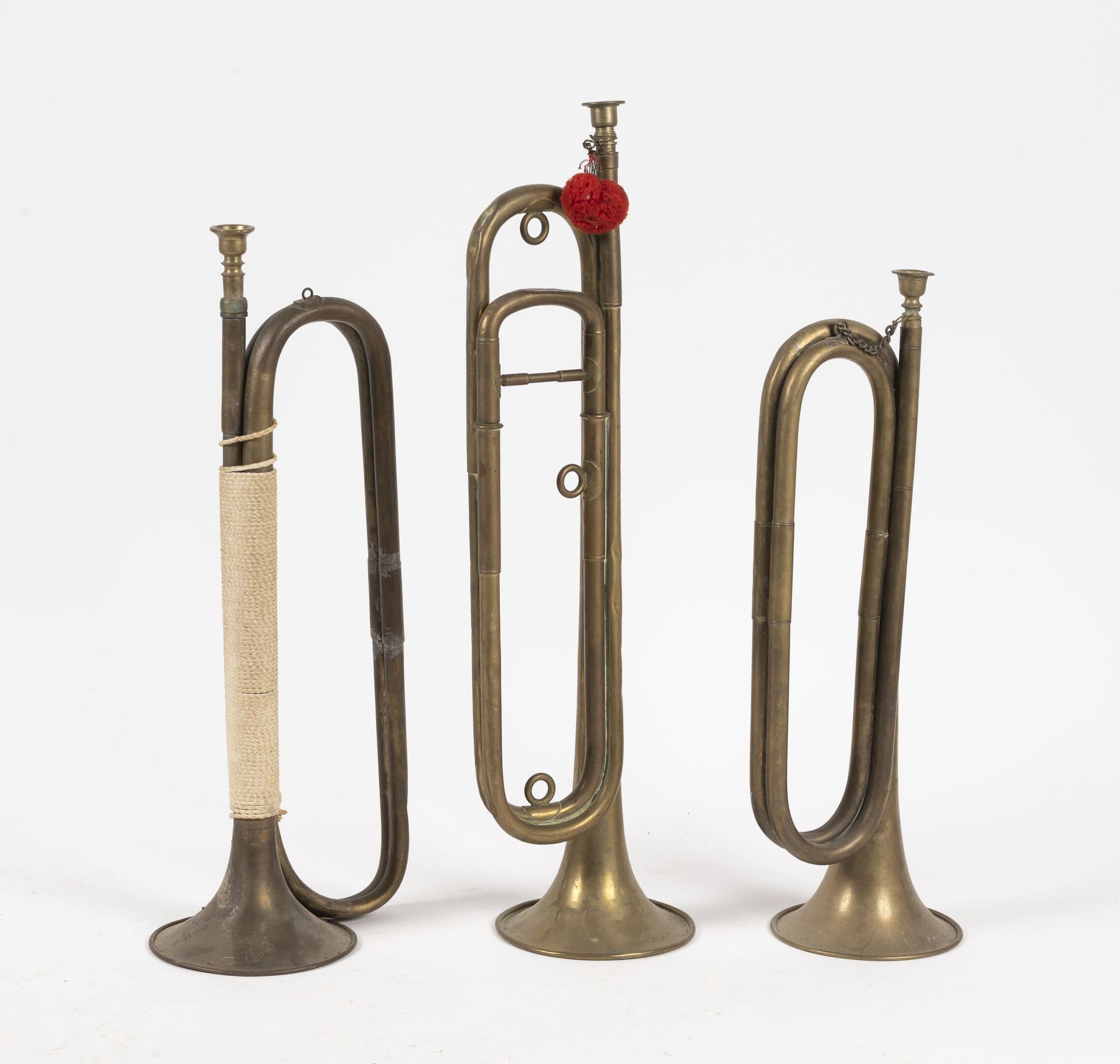 Null Set of 3 copper bugles or trumpets, one of which is a Couesnon brand.

Smal&hellip;