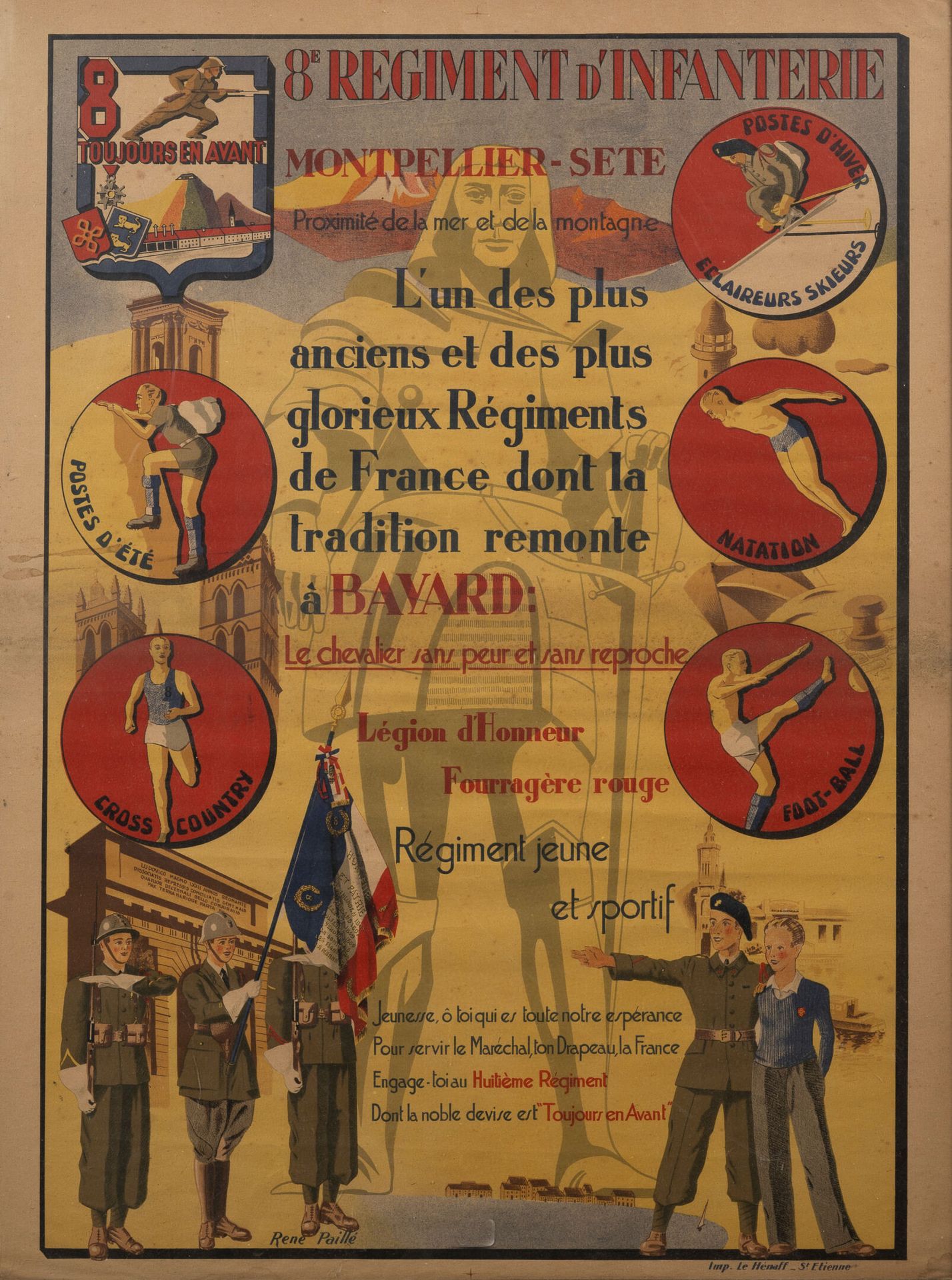 8e Régiment d'Infanterie, Montpellier-Sète. 
Affiche illustrée par René Paillé. &hellip;