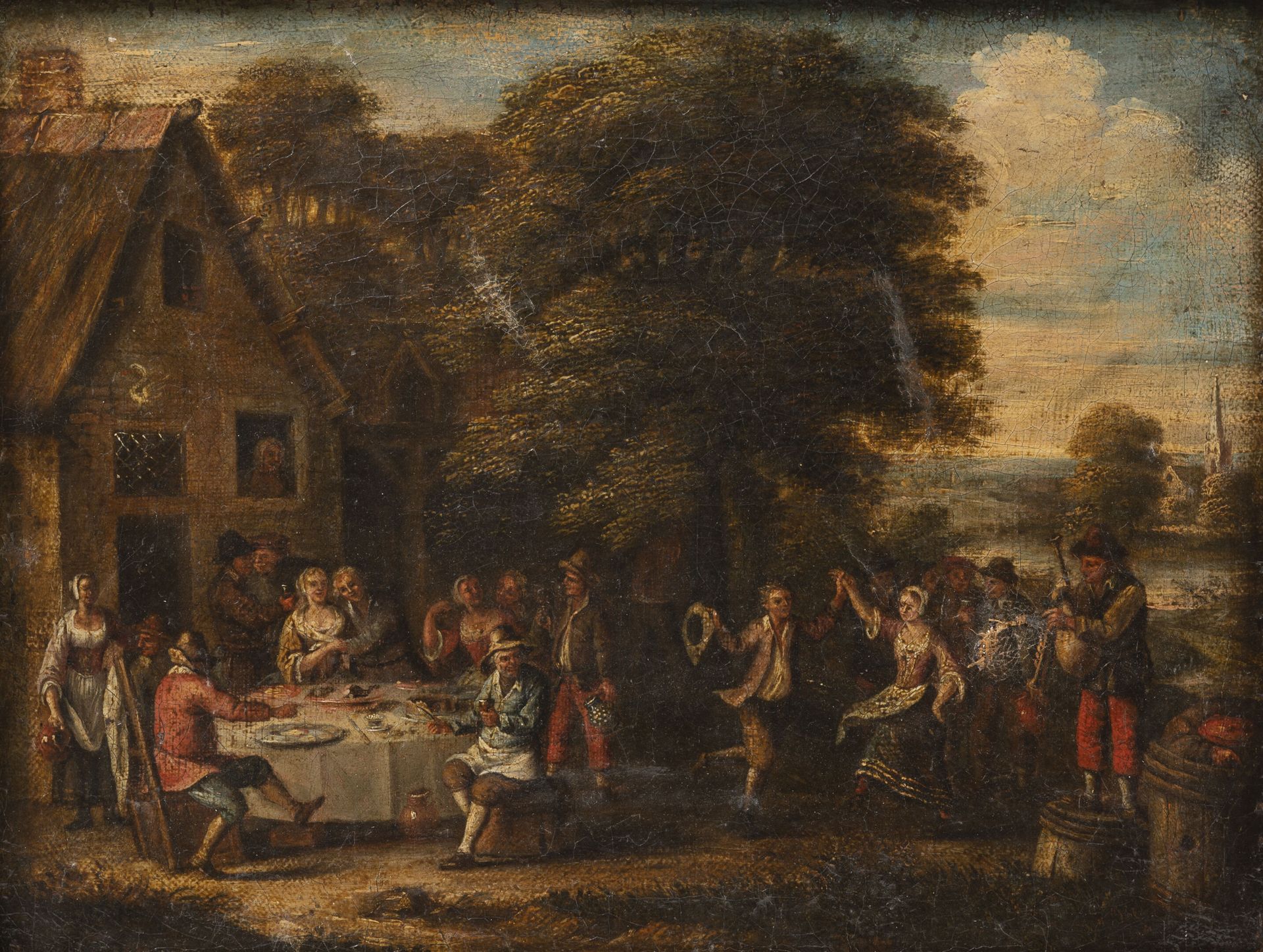 Ecole du XVIIIème siècle 村民们的用餐和舞蹈。

布面油画。

25 x 32 cm。

肮脏的清漆，衬里，材料的提升，事故和洞。

木&hellip;