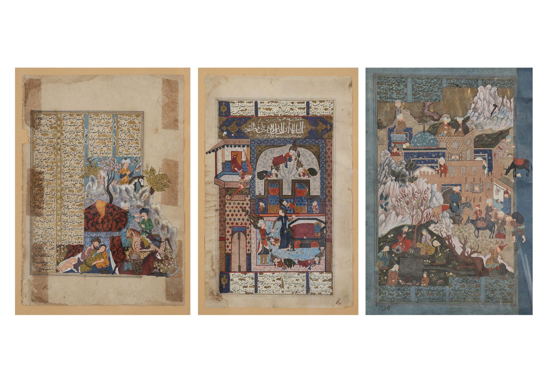 Iran, XIXème siècle 带着猎鹰的骑手和拥抱的夫妇。

宫殿前的热闹场景。

预言家的生活场景。

三张水粉画手稿页，有些是镀金的。

26 x&hellip;