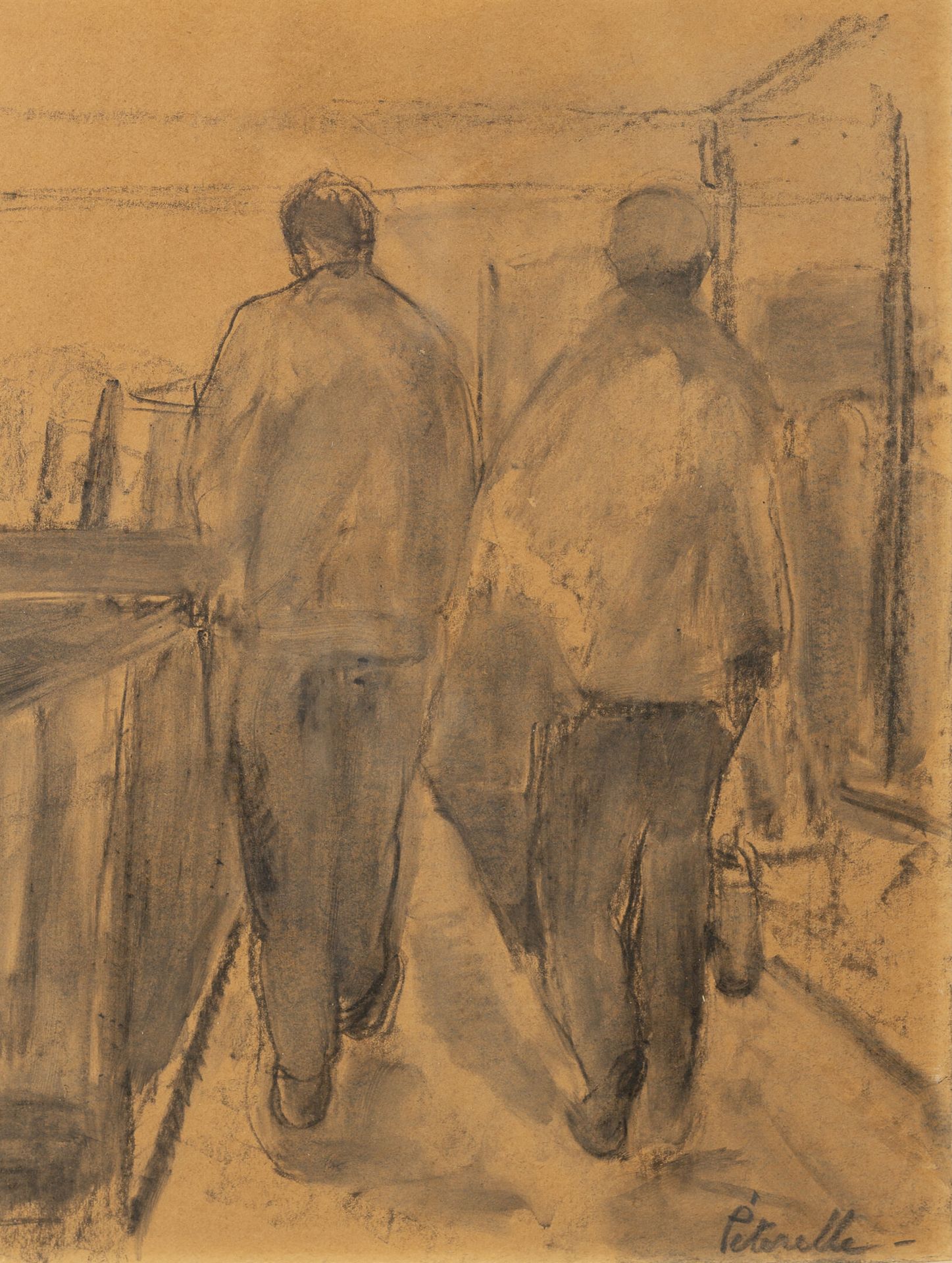 Adolphe PÉTERELLE (1874-1947) 从后面看到两个人物。

木炭和水洗。

右下方有签名。

31 x 23.5厘米。

纸张绝缘。

&hellip;