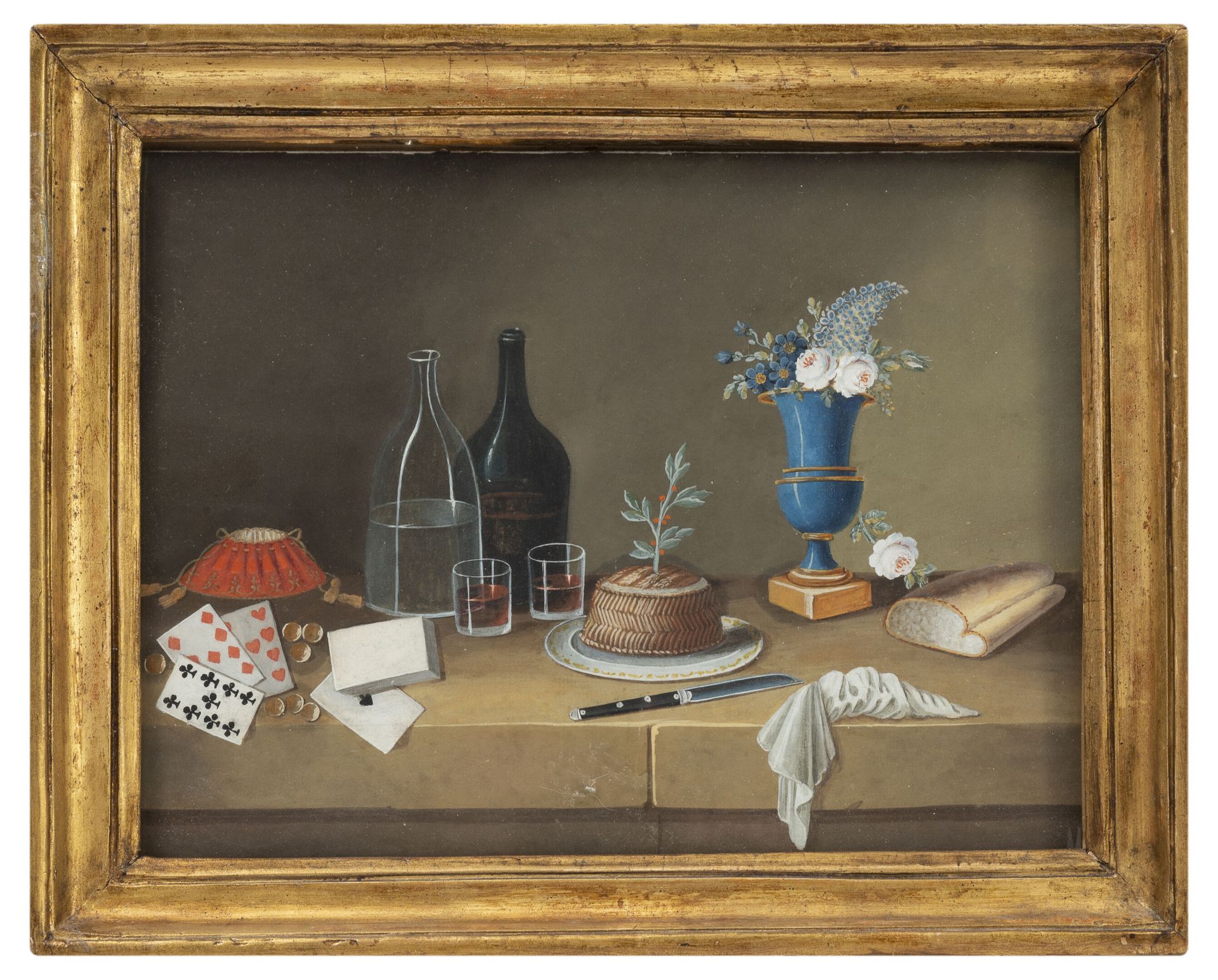 D'après Johann RUDOLF FEYERABEND (1779-1814) dit LELONG 静物画，包括扑克牌、酒杯和瓶子、烤肉和花束。

&hellip;