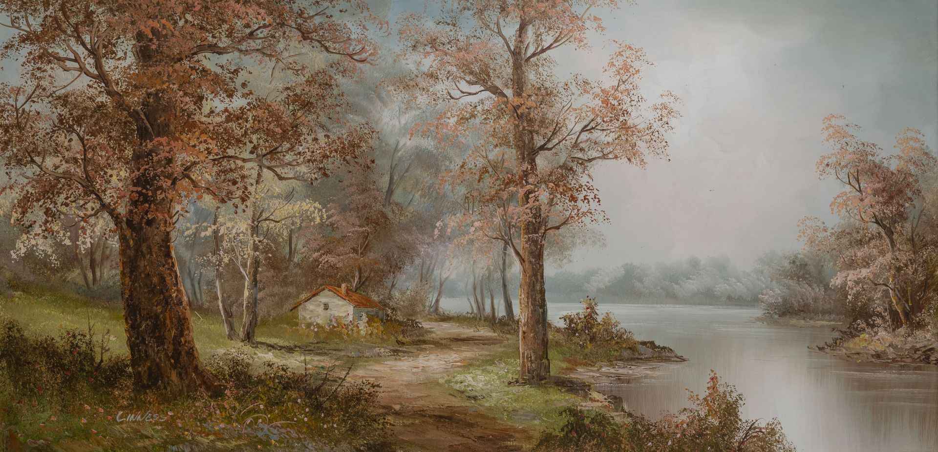 Ecole du XXème siècle. The cottage near the lake. 

Oil on canvas. 

Signed lowe&hellip;