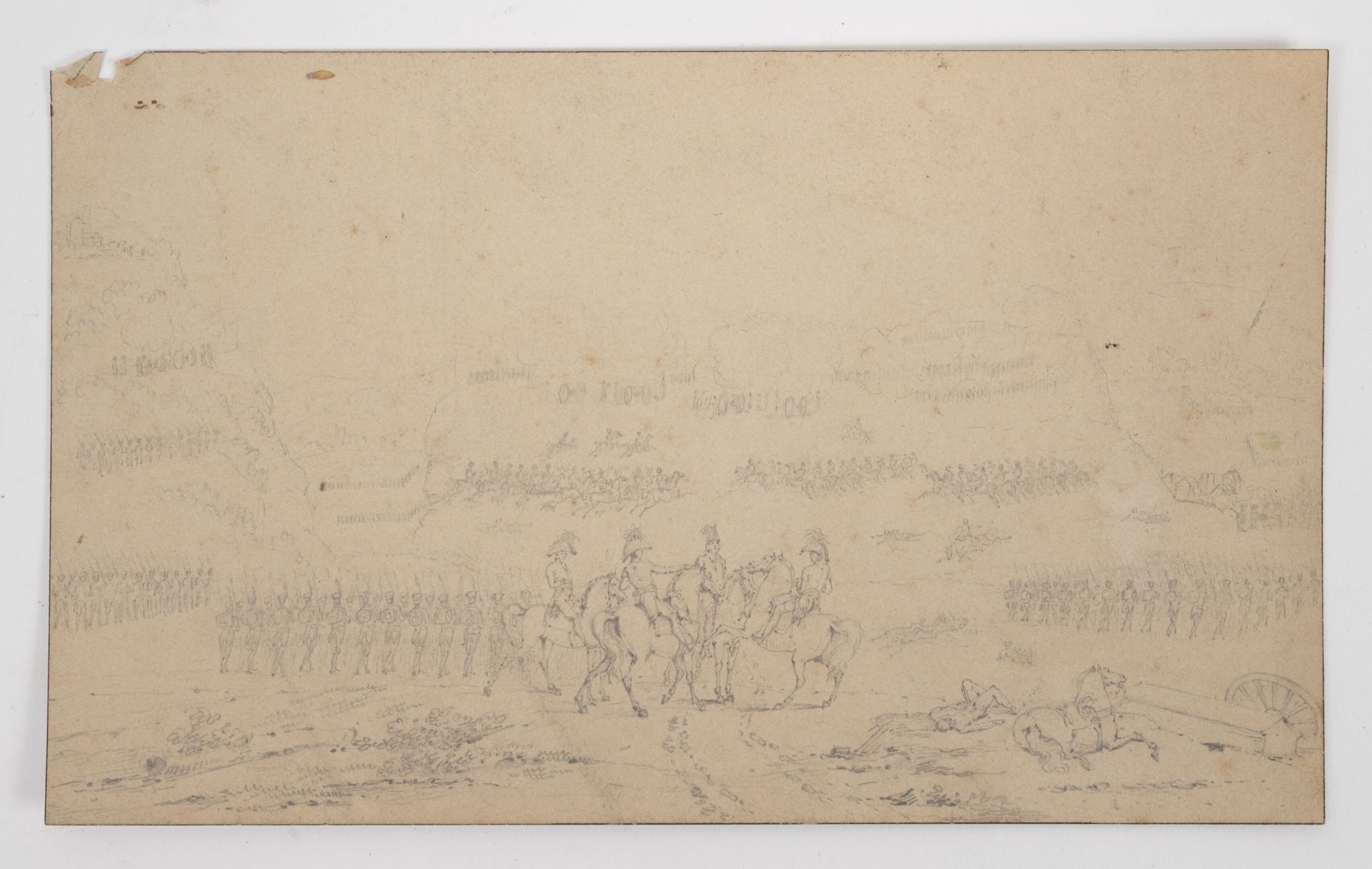 ECOLE FRANCAISE DU XIXème siècle 战斗场景前的马背上的工作人员。

铅笔画。

背面用铅笔注明："格罗斯男爵的学生斯韦巴赫-德方&hellip;