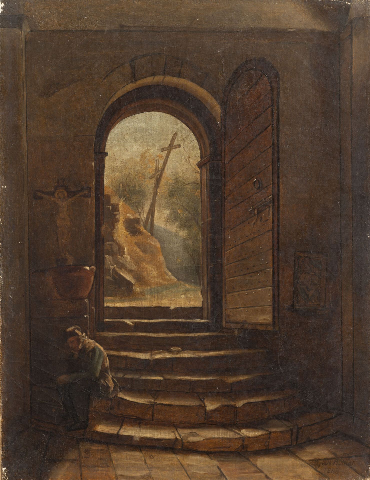 G. DE BULLION (XIXème siècle) Man sitting at the entrance of a church.

Oil on c&hellip;