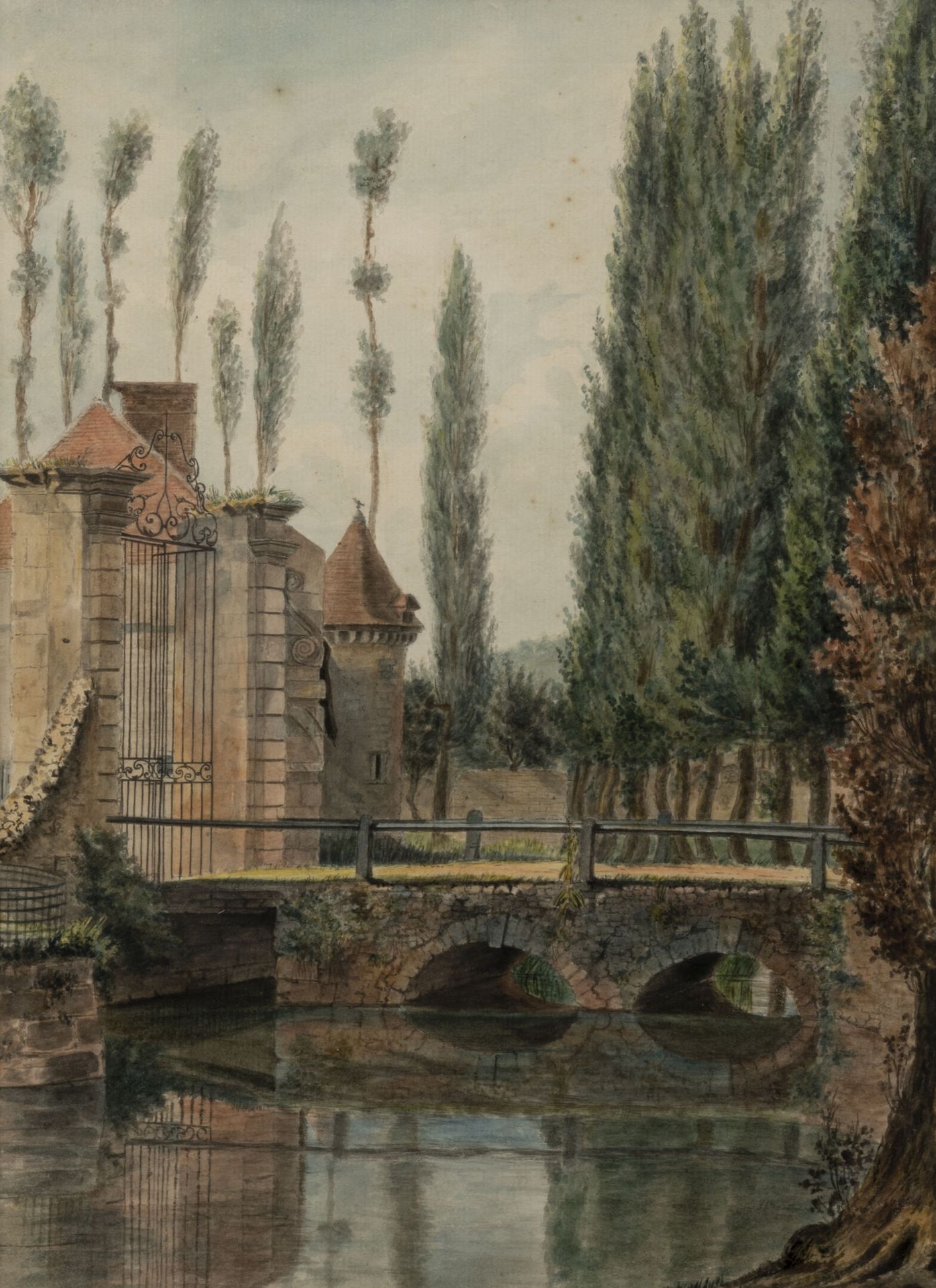 École FRANÇAISE de la fin du XIXème-début du XXème siècle 城堡院子入口处的桥。

水彩画。

32 x&hellip;