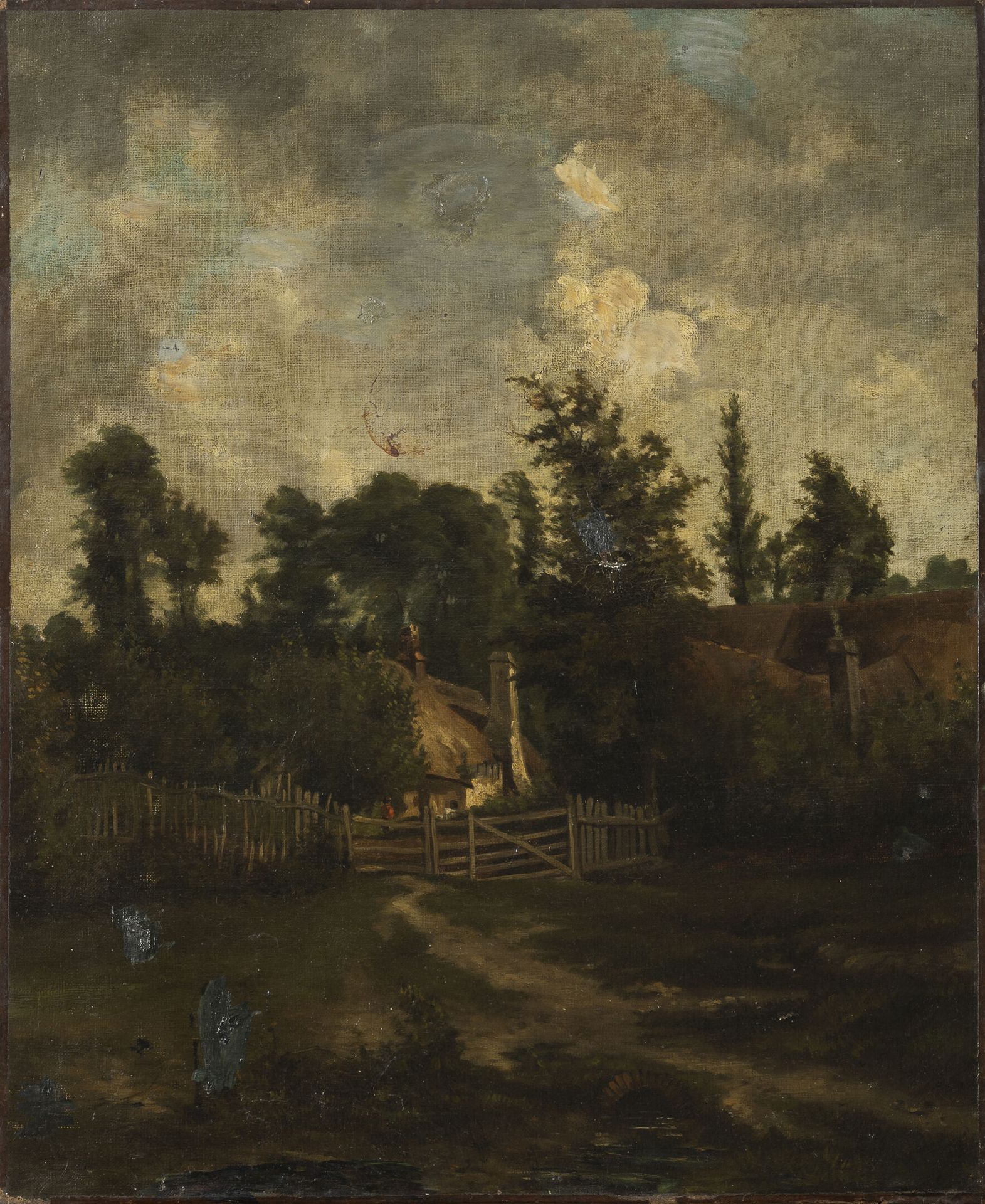Suiveur de John CONSTABLE (1776-1837) Chaumières en campagne sous un ciel chargé&hellip;