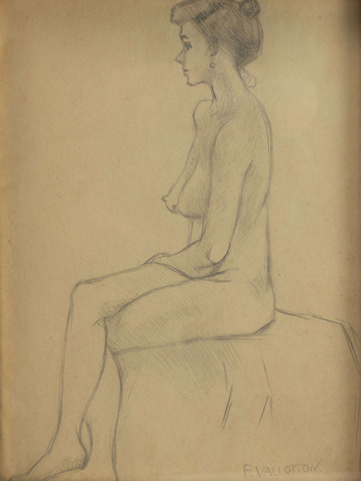 ECOLE FRANÇAISE DU DÉBUT DU XXÈME SIÈCLE 裸体模特，坐着。

铅笔画。

签名为F. VALLOTTON，不保证。

2&hellip;