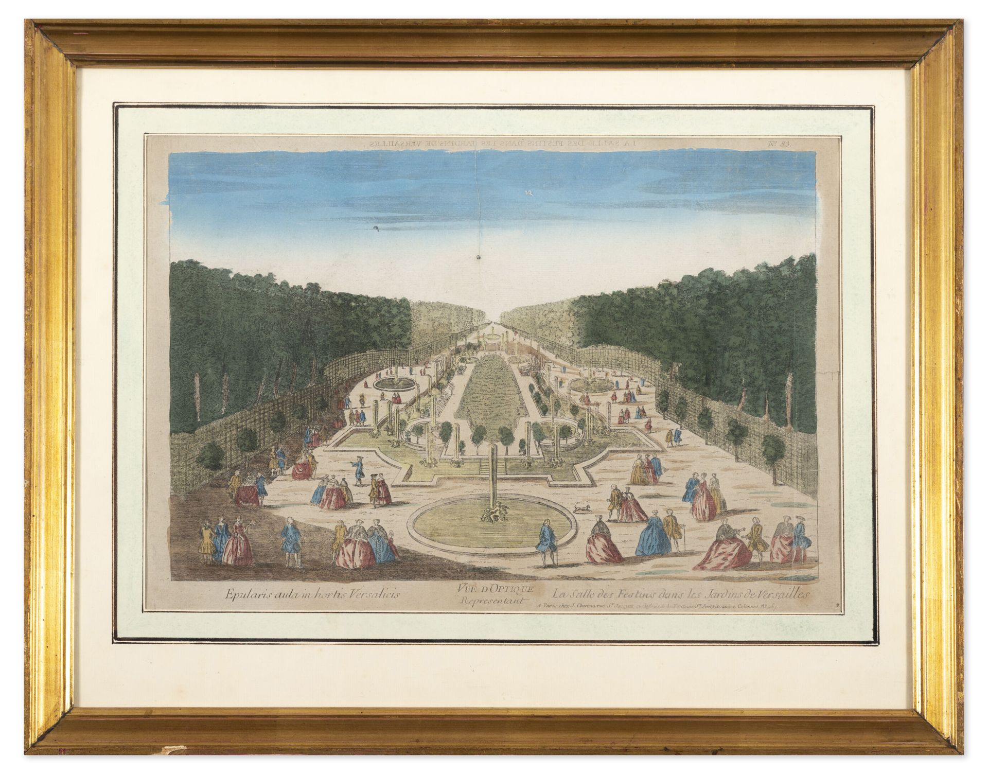 Null 凡尔赛宫花园中的 "节日厅"。

增强的光学视图。

18世纪。

29.30 x 42.8厘米（见图）。

隔离。褶皱，破损。

带框。