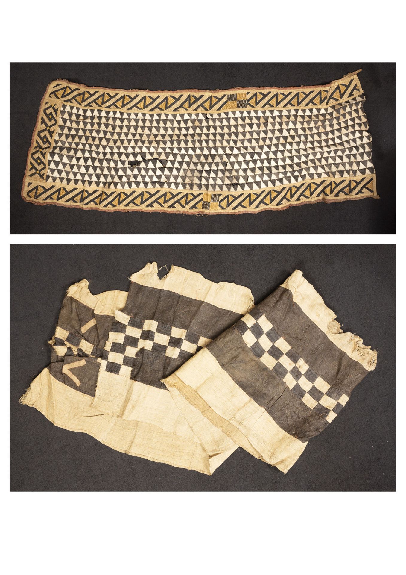 KUBA, République du Congo 两件酒椰纤维嫁妆肖瓦，有棕色和米色的几何装饰，其中一件有纤维状的三角形。

尺寸：60 x 350厘米；58&hellip;