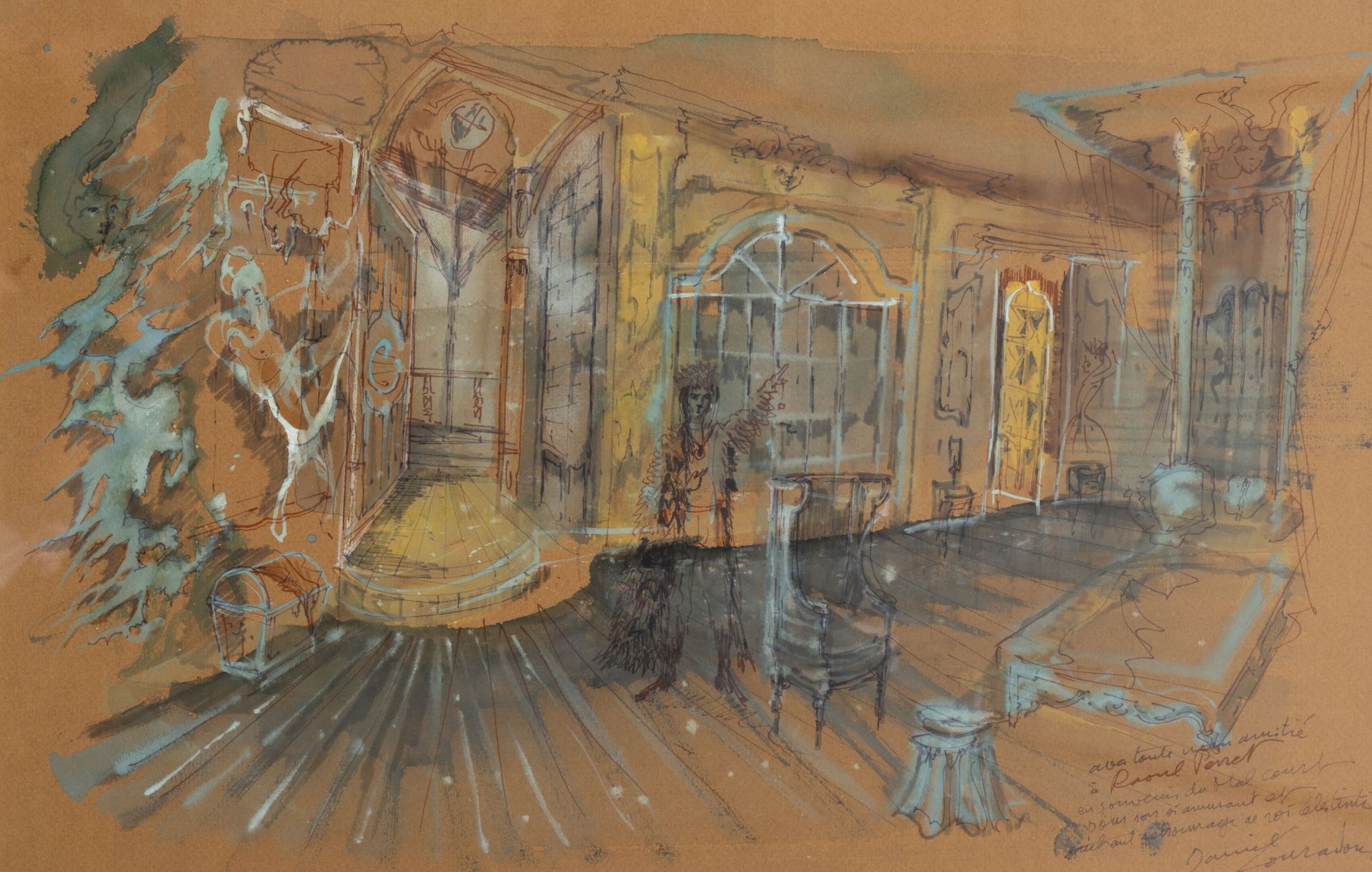 Daniel LOURADOUR (1930-2007) 剧院的舞台布景。

棕色纸上的水彩和水粉画。

右下方有签名和献词："以我所有的友谊献给拉乌尔-佩雷，&hellip;
