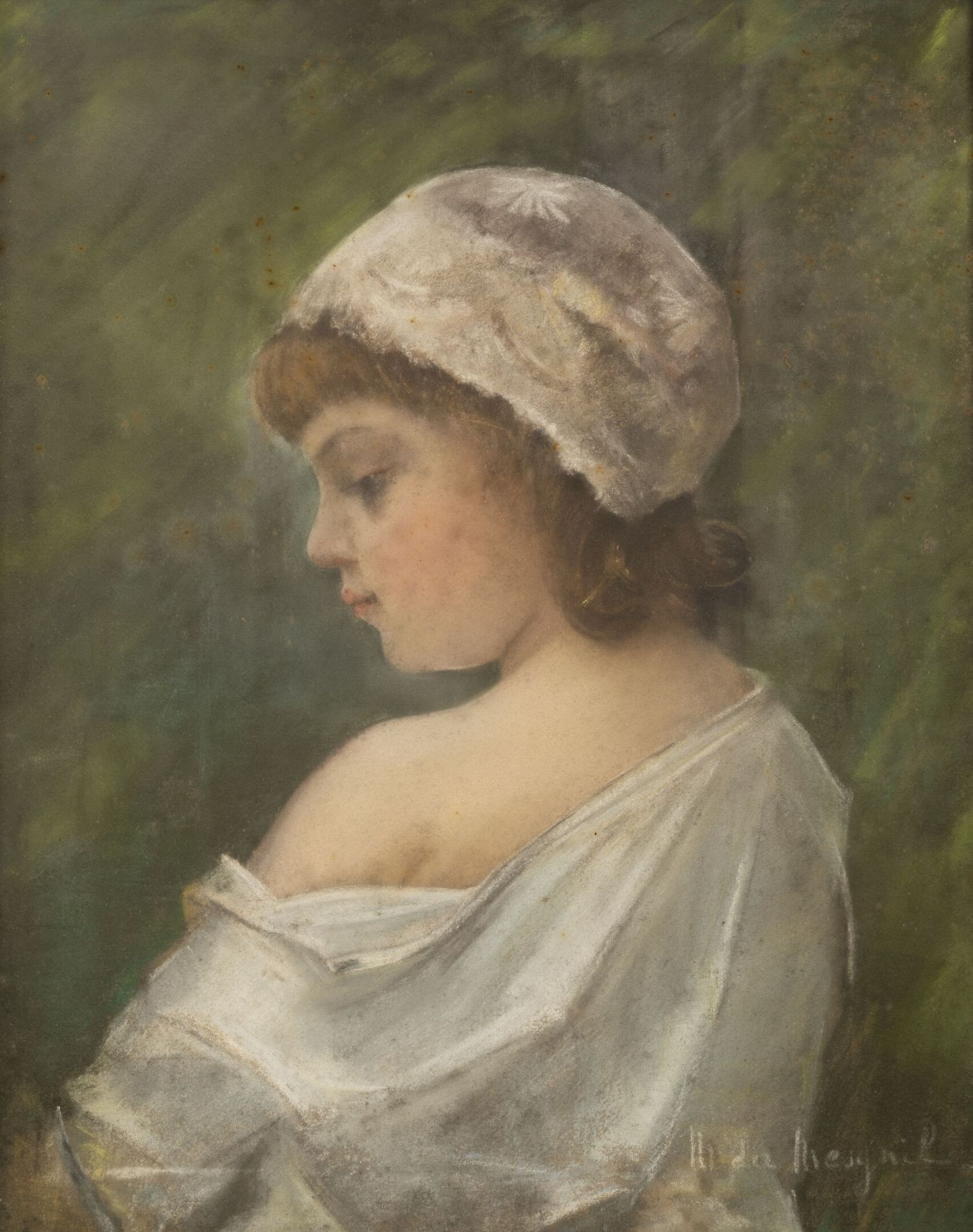 Ecole de la seconde moitié du XIXème siècle 戴着后帽的小女孩，脸部轮廓清晰。

粉笔画。

右下角签有 "H. Du&hellip;