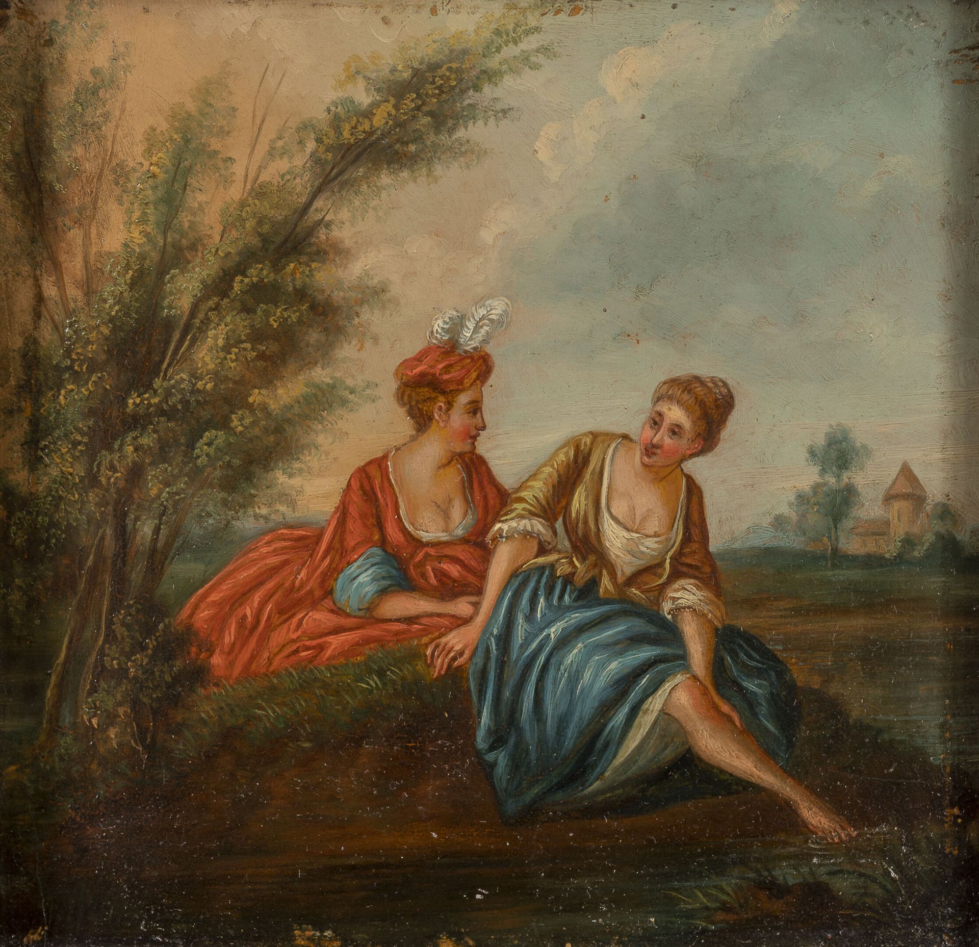 Ecole du XIXème siècle 两个女人坐在风景中，靠近盛开的树木。

面板上的小油画。

15.7 x 15.8厘米。

边缘缺失。

模制和镀&hellip;