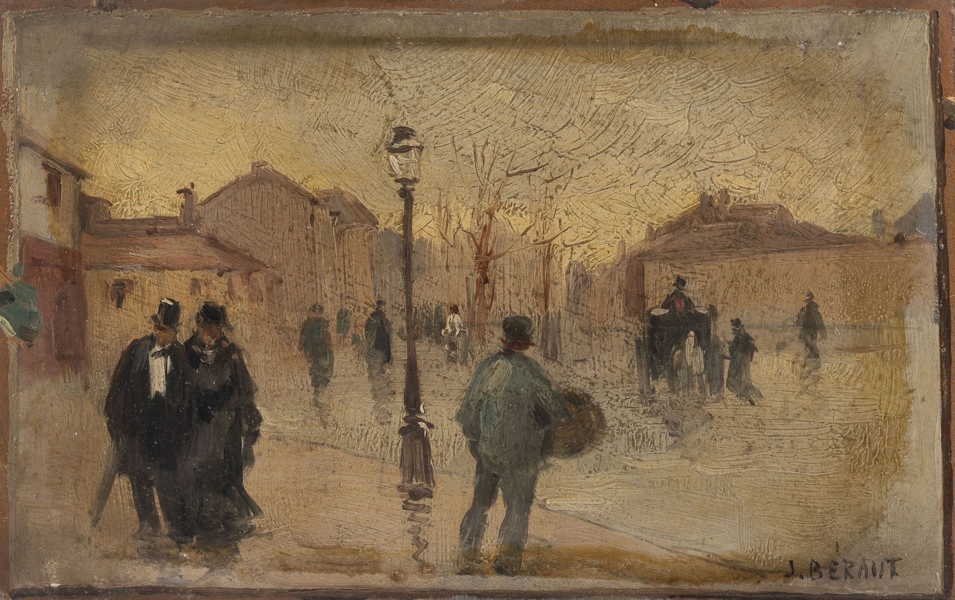 École française, fin du XIXème - début du XXème siècle 广场上的路人和马车（巴黎的？）

板上油彩。

右&hellip;