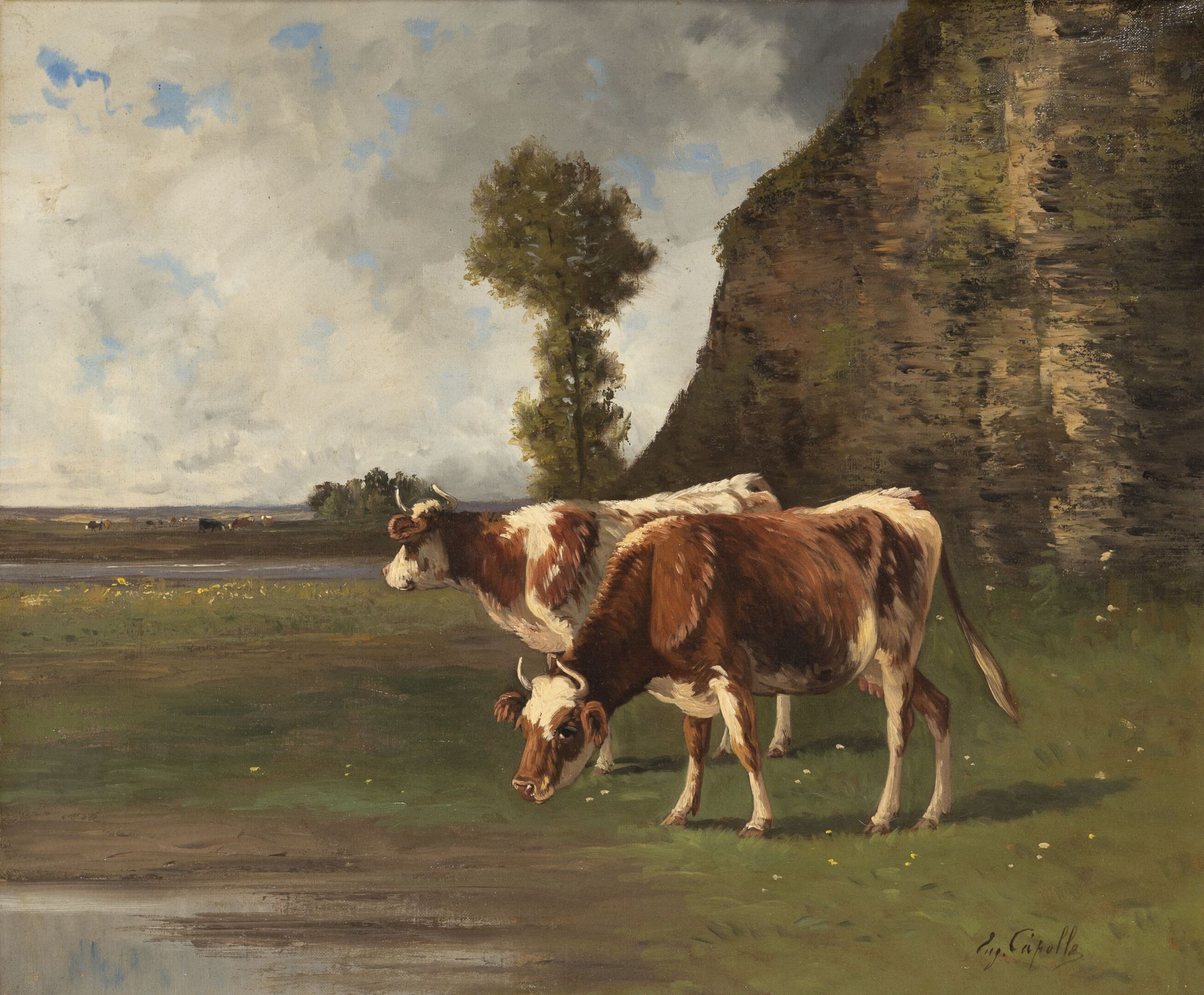 Eugène Alfred CAPELLE (1834-1887) 两头牛在悬崖脚下吃草。

布面油画。

右下方有签名。

54 x 65厘米。

画布膨胀，&hellip;