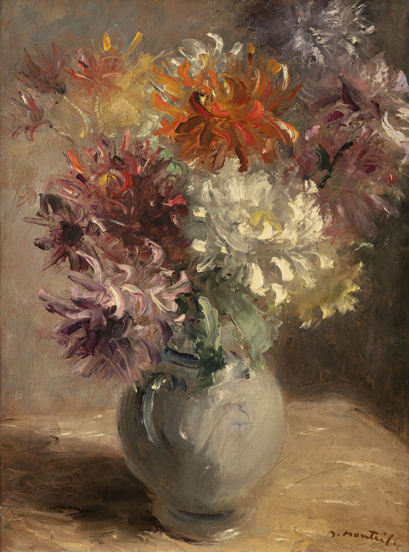 Jacque MONTEIL (1897-1987) 一束大红花。

布面油画。

右下方有签名。

35 x 26,5厘米。

镀金木框（轻微磨损）。