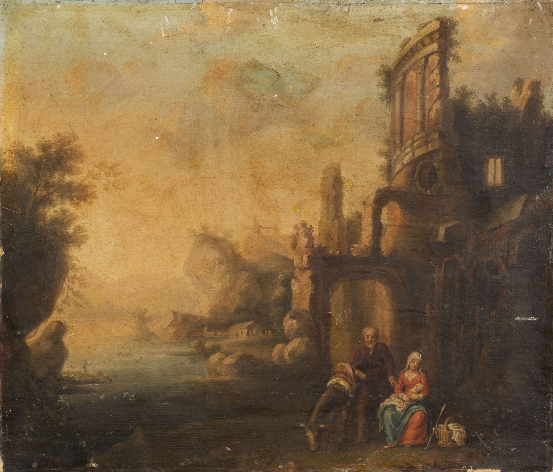 Ecole française dans le goût du XVIIIème siècle 在废墟脚下的神圣家族的休息。

布面油画。

28 x 33,5&hellip;